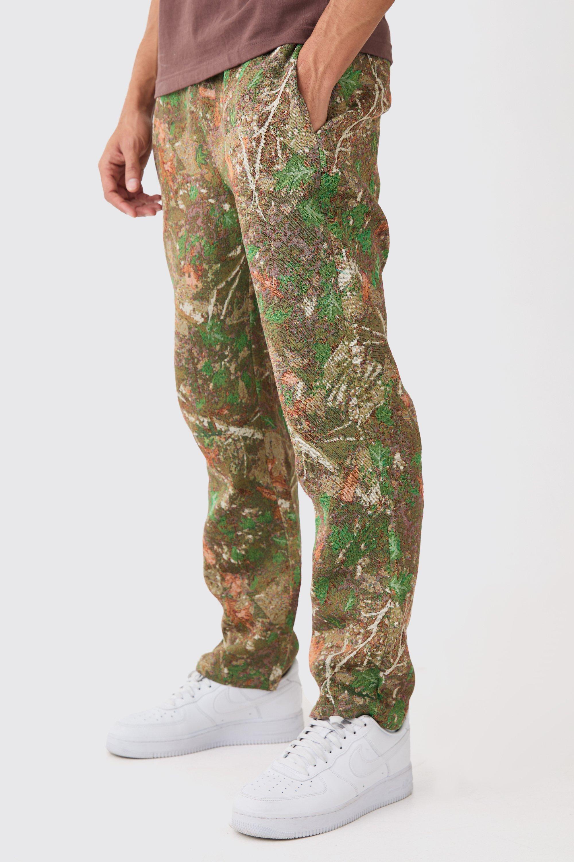 Mens Green Elasticated Waist Straight Leg Camo Tapestry Trouser, Green