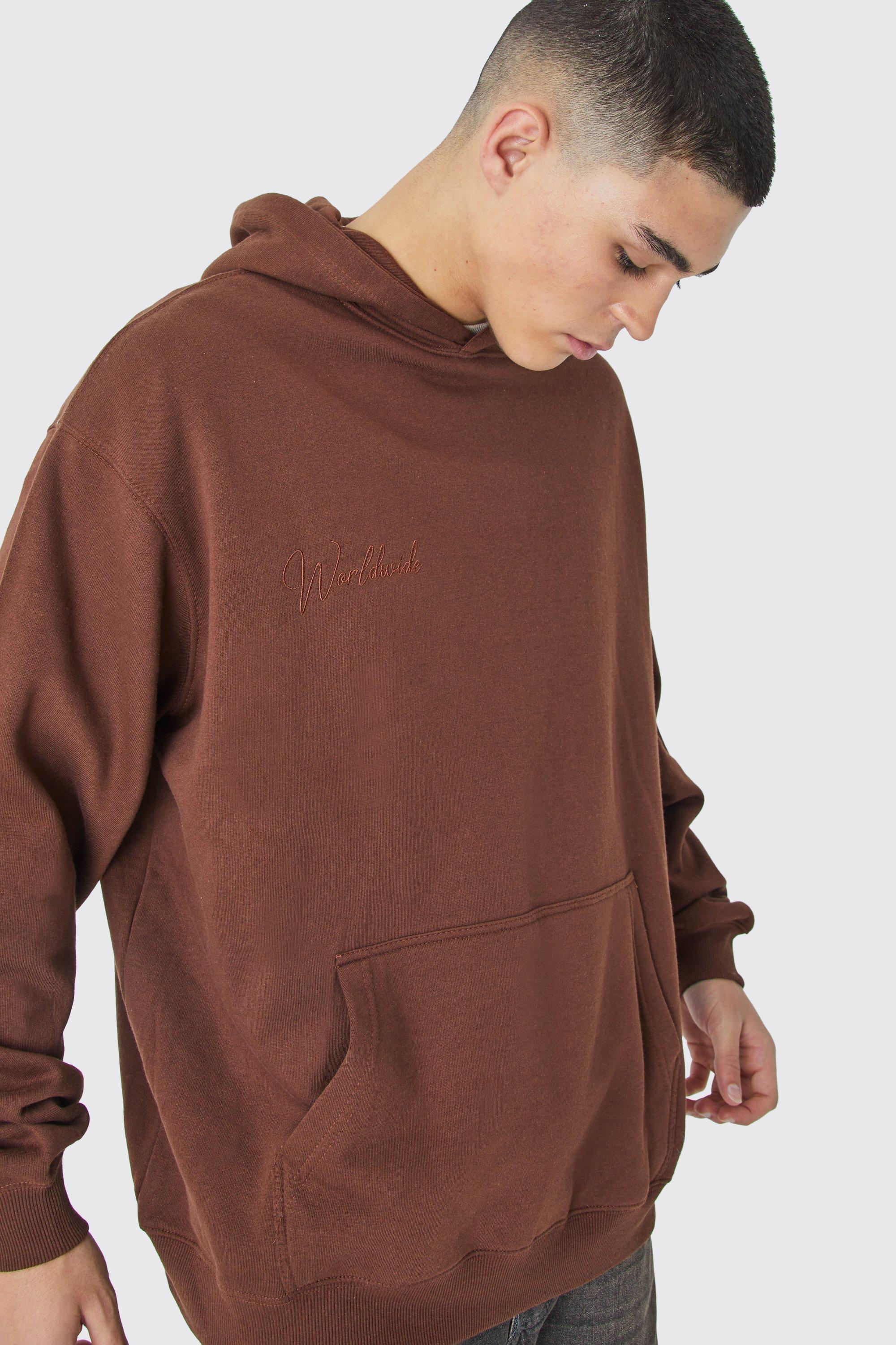 Mens Brown Oversized Worldwide Embroidered Hoodie, Brown