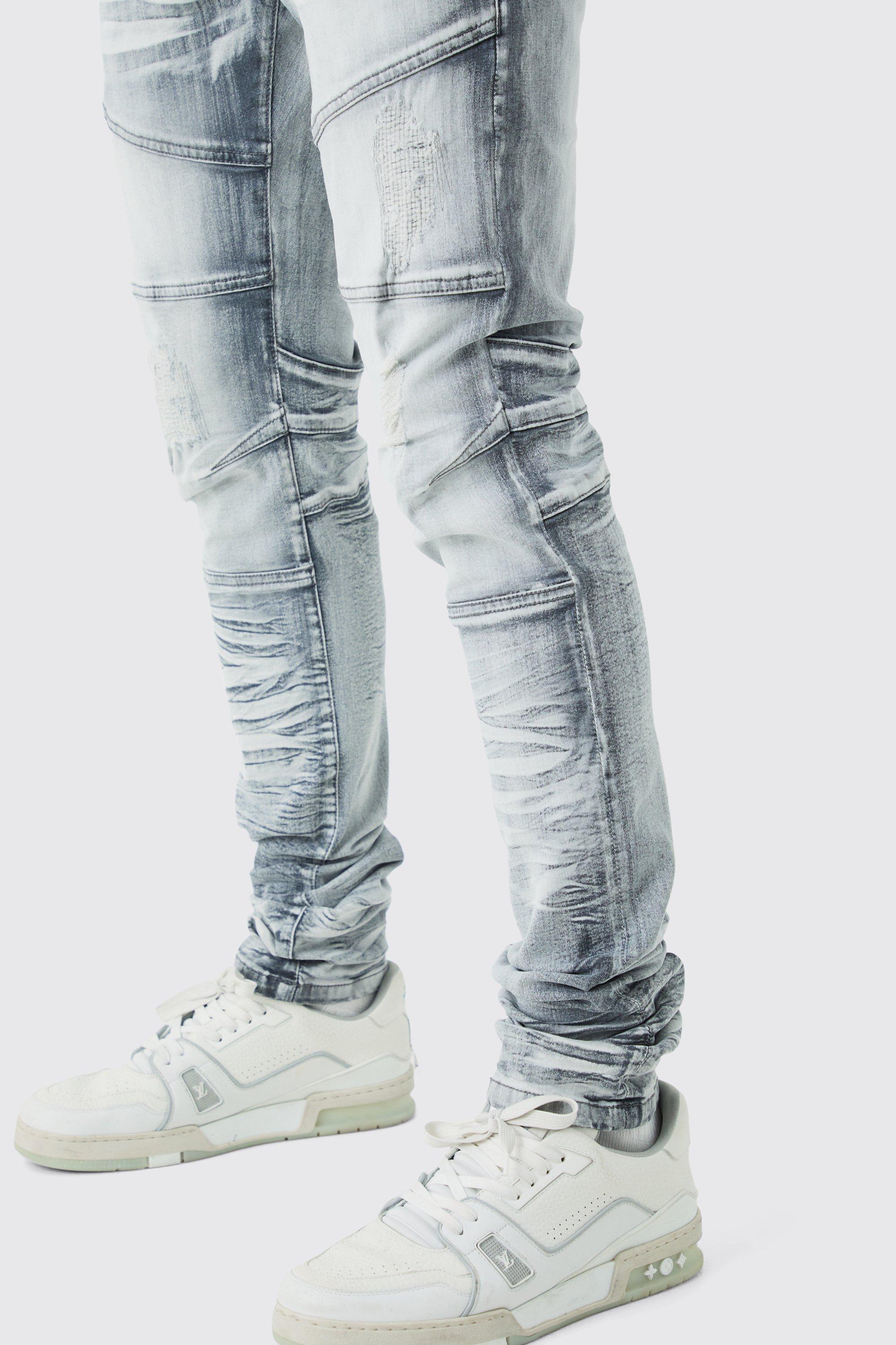 Mens Grey Tall Skinny Stretch Heavy Bleached Ripped Jean, Grey