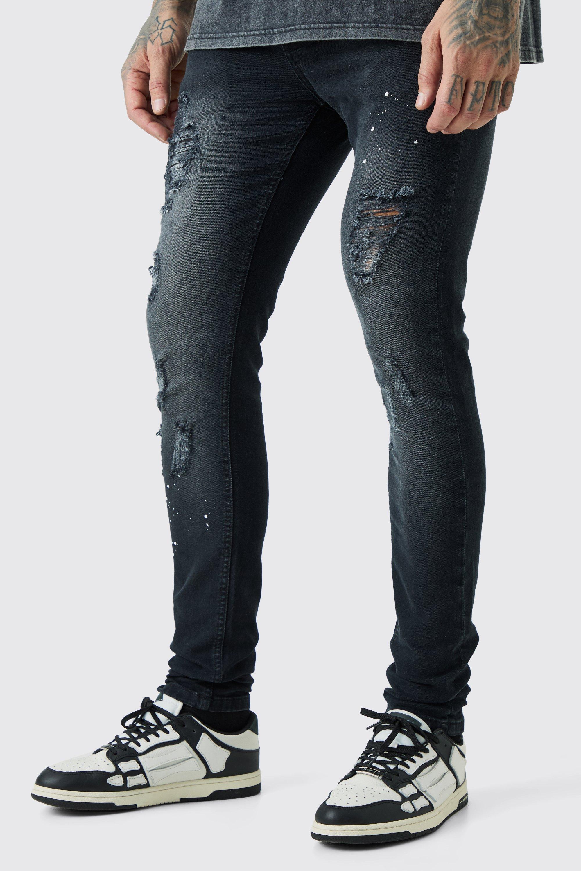 Mens Black Tall Super Skinny Distressed Paint Splat Jeans, Black