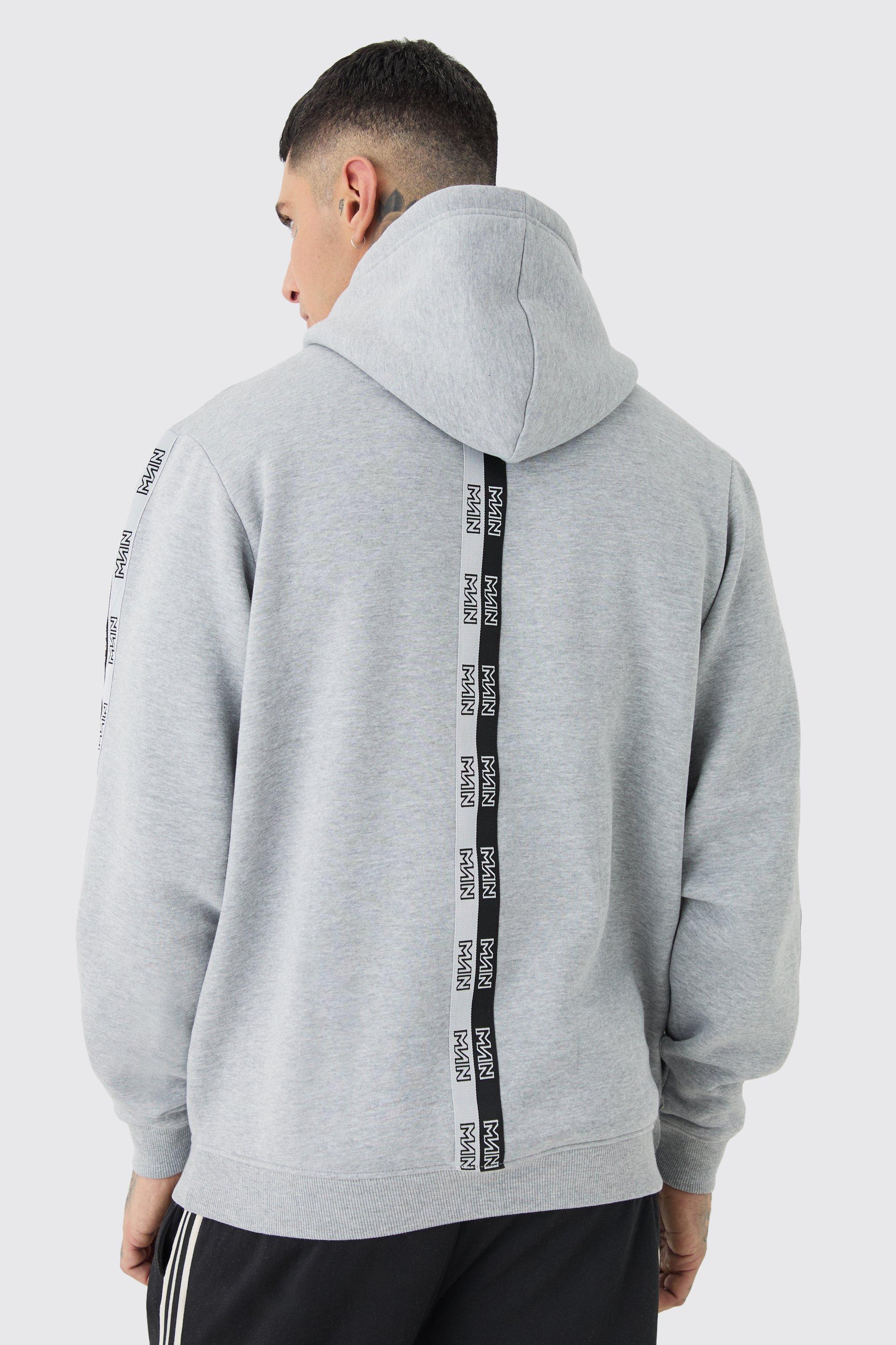 Mens Grey Tall Official Man Tape Hoodie, Grey