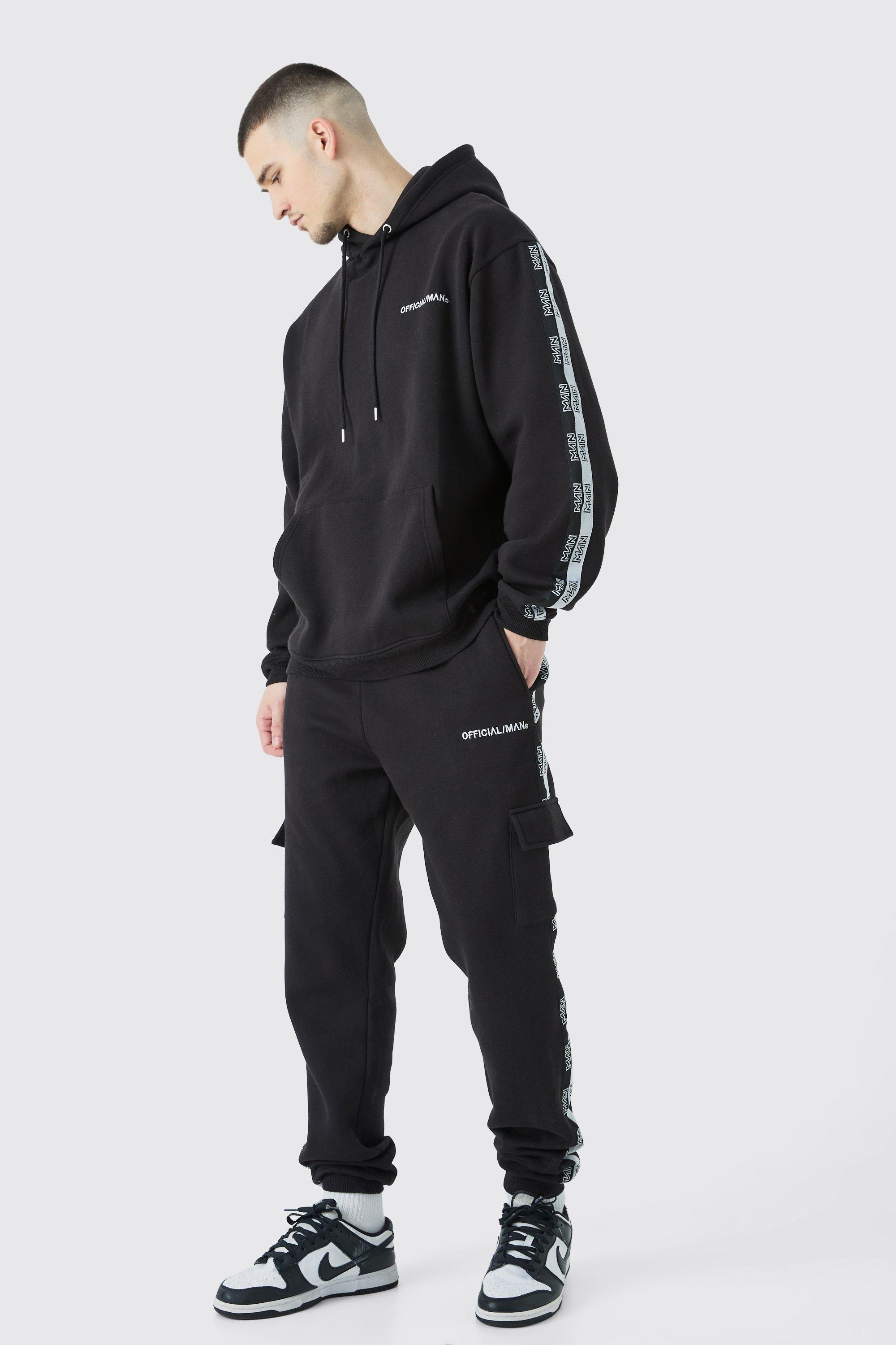 Mens Black Tall Official Man Tape Cargo Hooded Tracksuit, Black