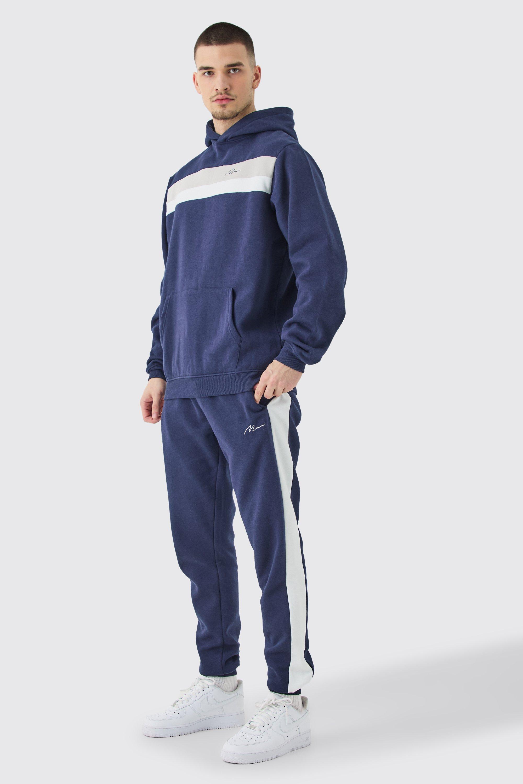 Mens Navy Tall Man Signature Colour Block Hooded Tracksuit, Navy