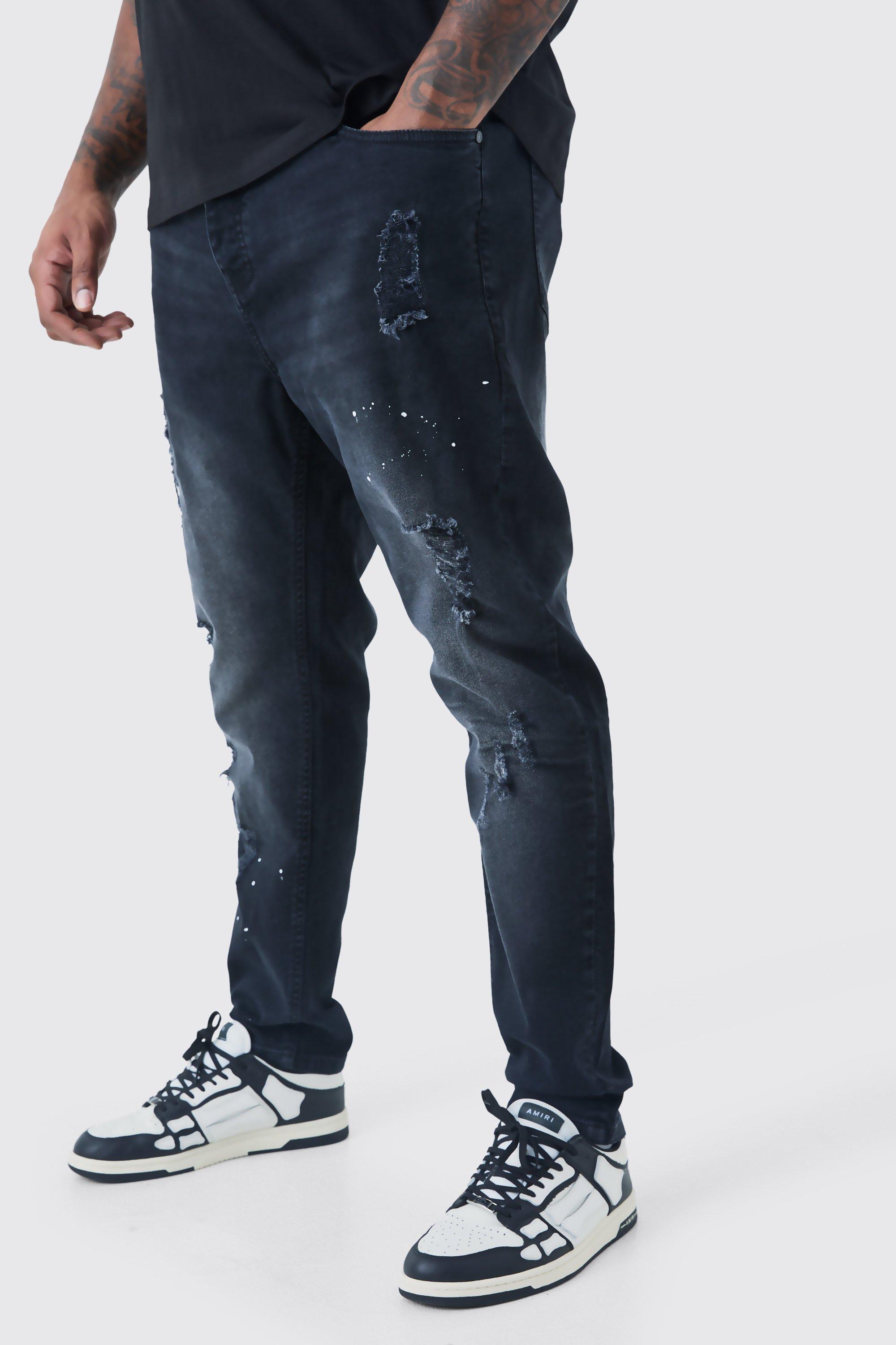 Mens Black Plus Super Skinny Distressed Paint Splat Jeans, Black
