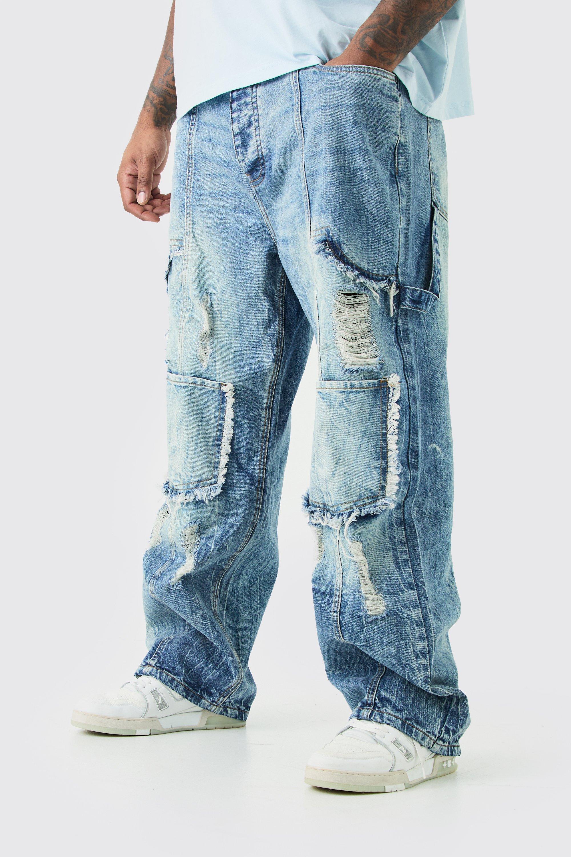 Image of Jeans Cargo Plus Size rilassati in denim rigido con strappi, Azzurro