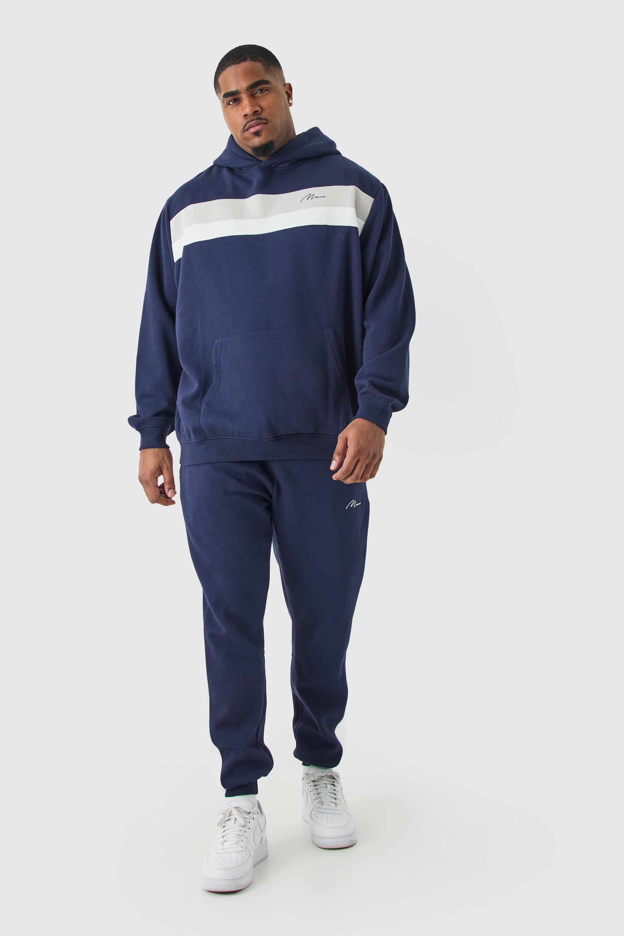 Image of Tuta sportiva Plus Size a blocchi di colore con firma Man e cappuccio, Navy