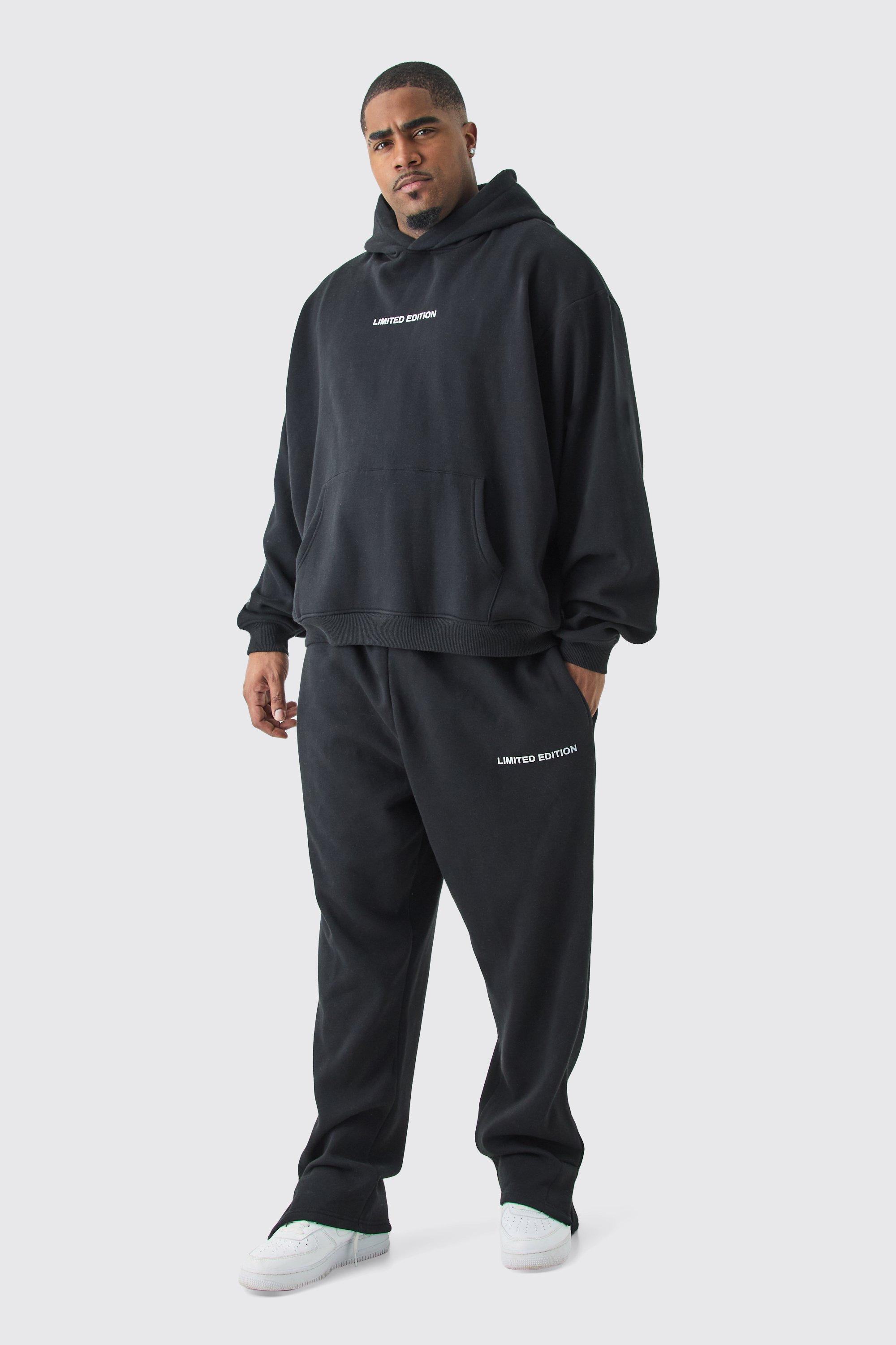 Mens Black Plus Oversized Boxy Split Hem Tracksuit, Black