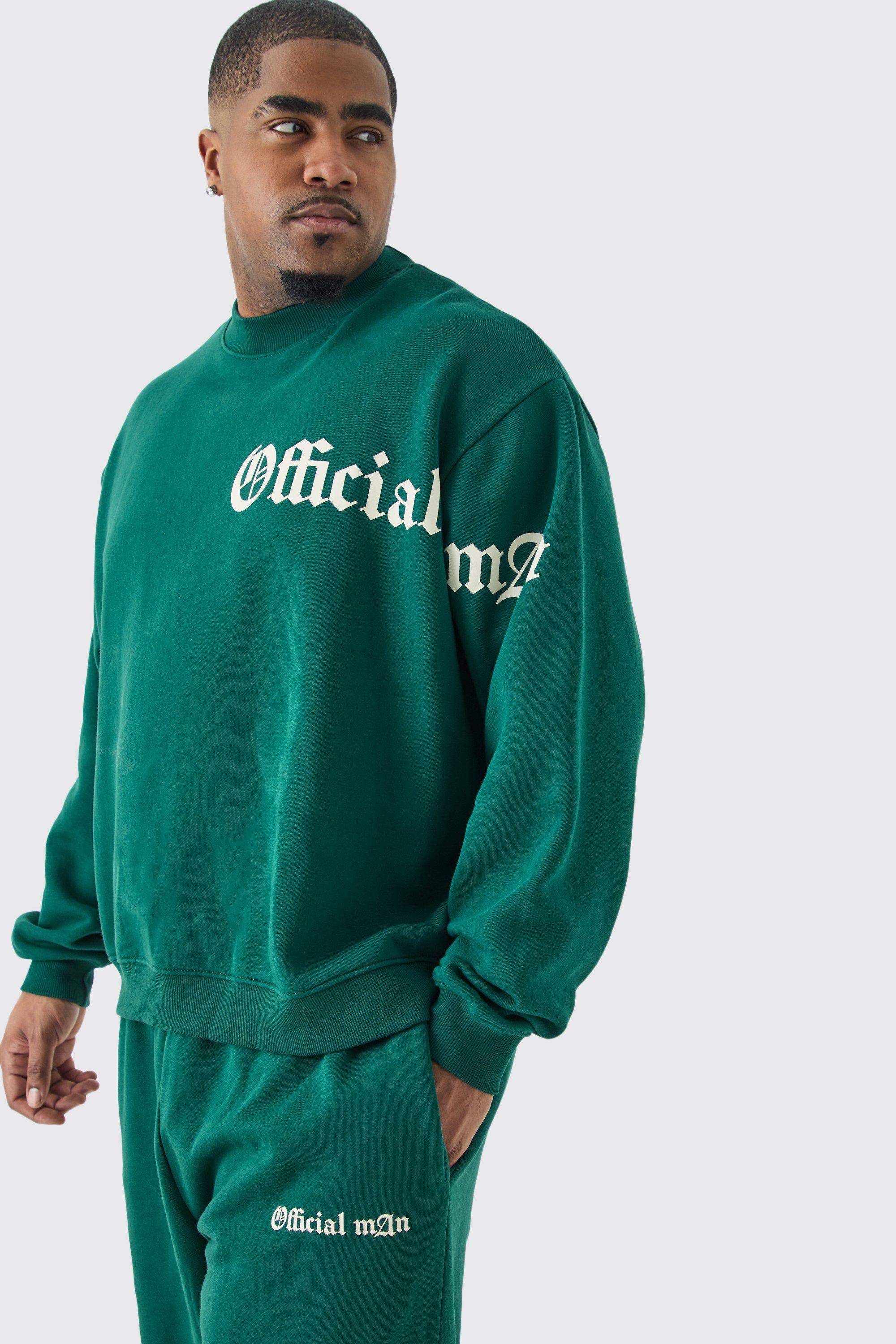 Mens Green Plus Oversized Boxy Slogan Sweatshirt Tracksuit, Green