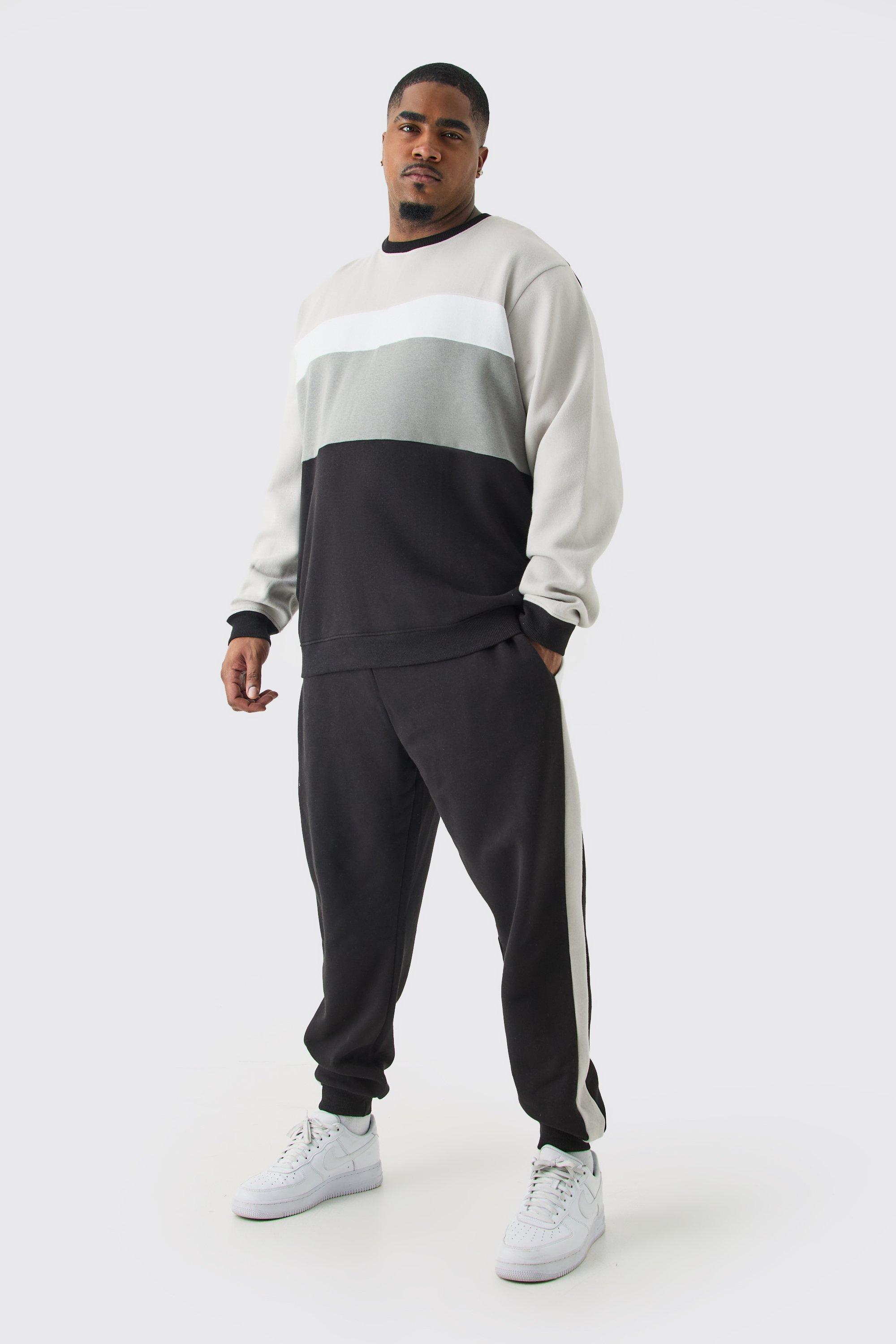 Mens Grey Plus Core Colour Block jumper Tracksuit, Grey