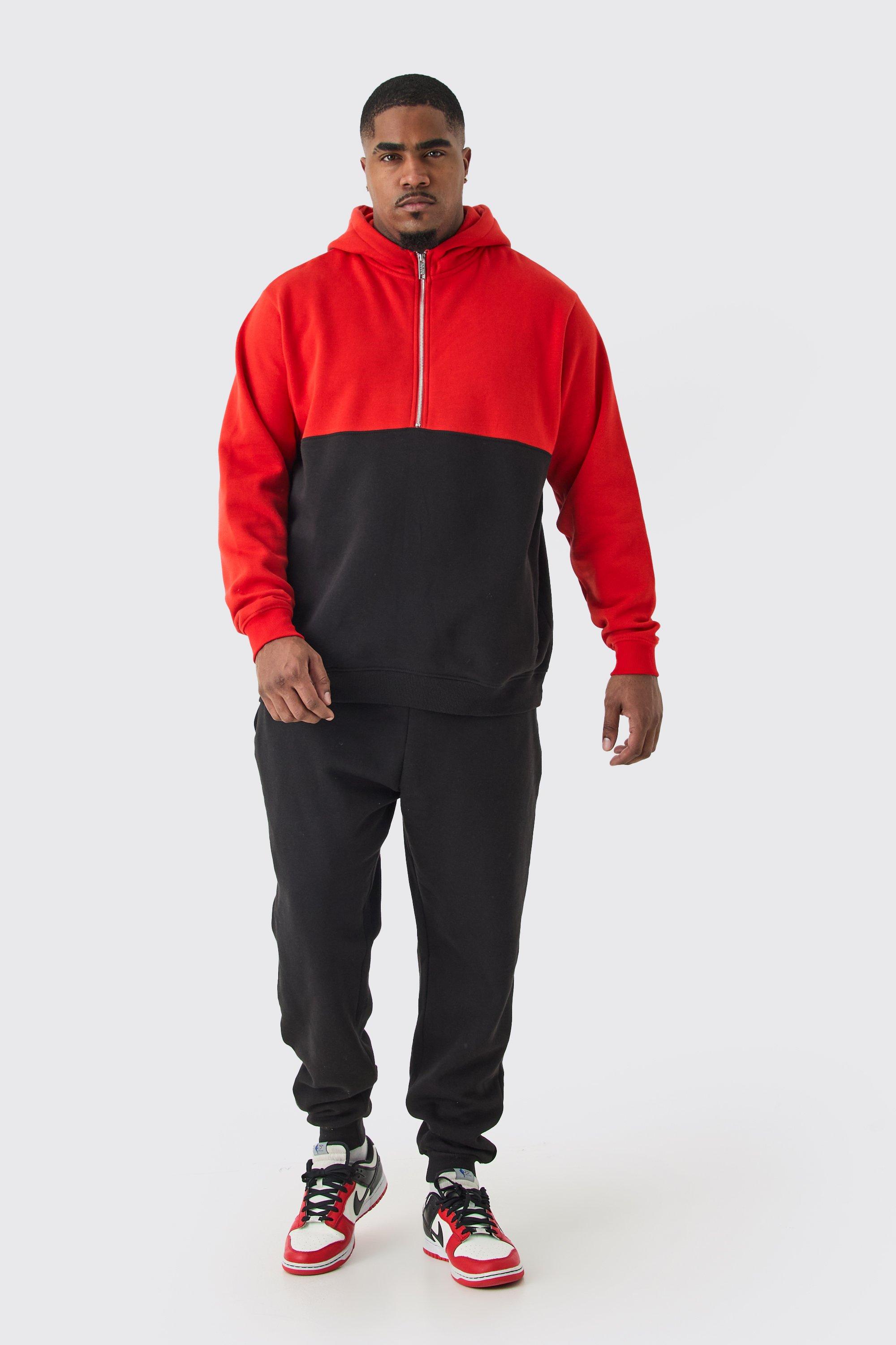 Image of Tuta sportiva Plus Size Slim Fit a blocchi di colore con zip corta, Rosso