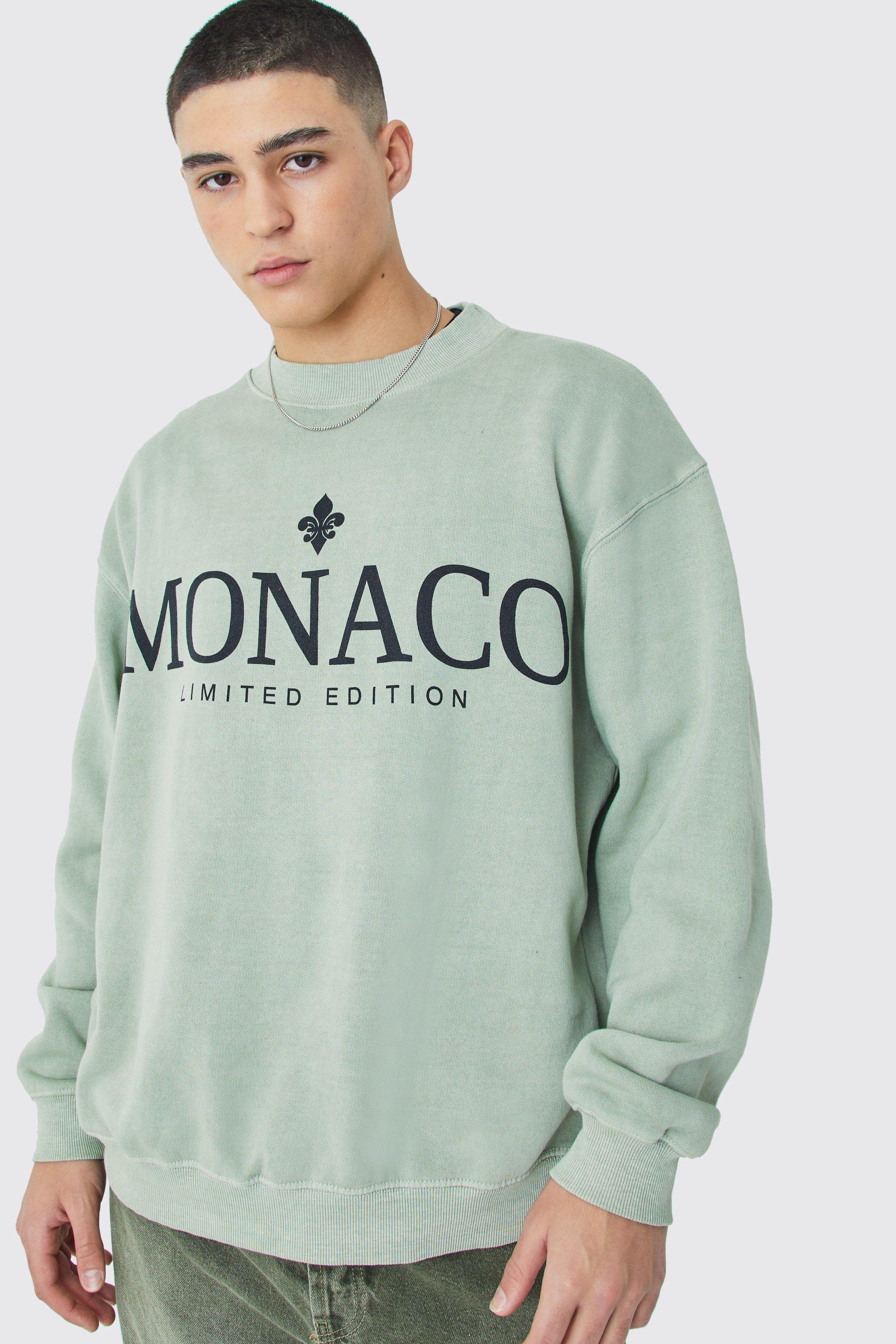 Mens Green Oversized Overdye Monaco Graphic Extended Neck Sweatshirt, Green