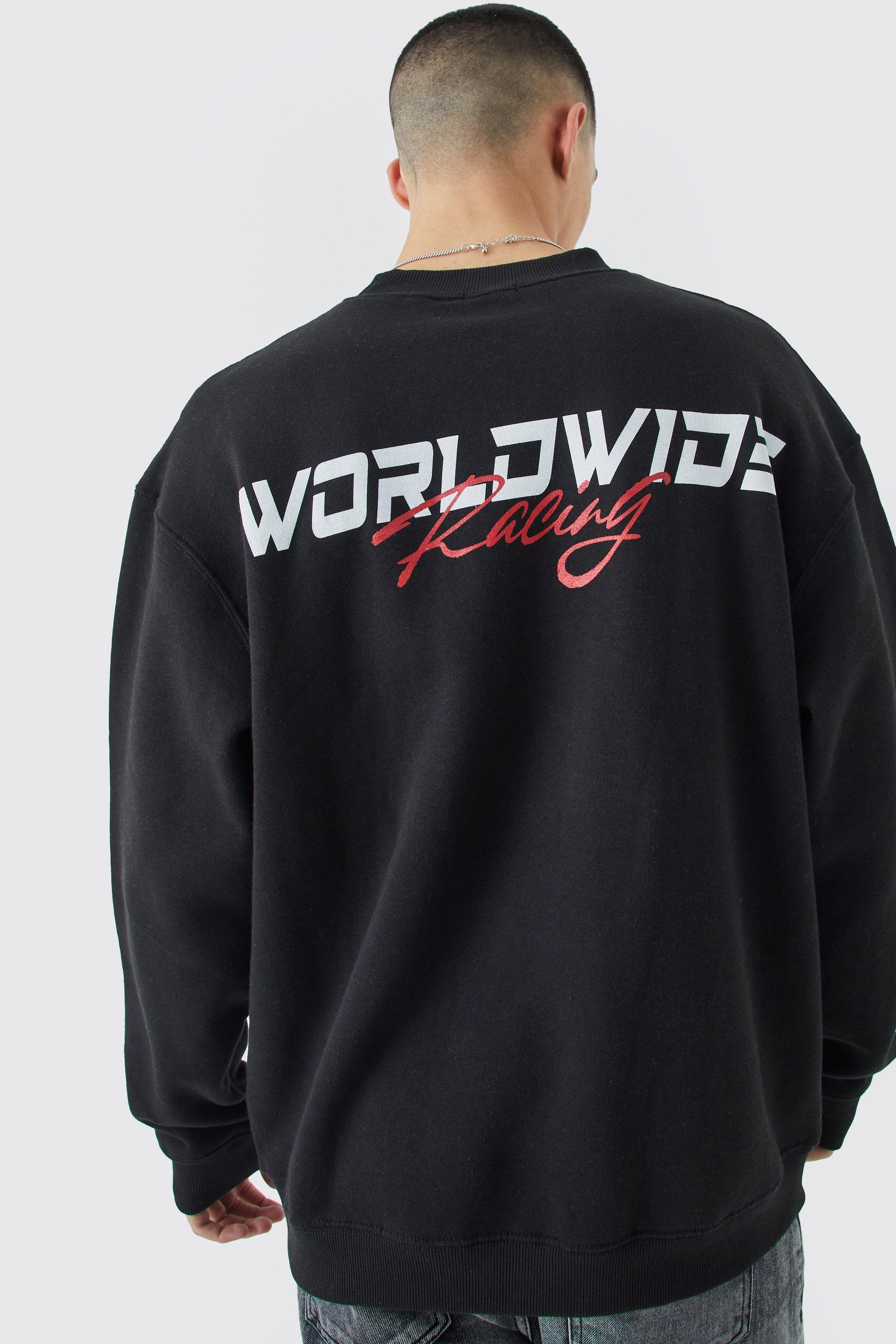 Mens Black Oversized Worldwide Graphic Extended Neck Sweatshirt, Black