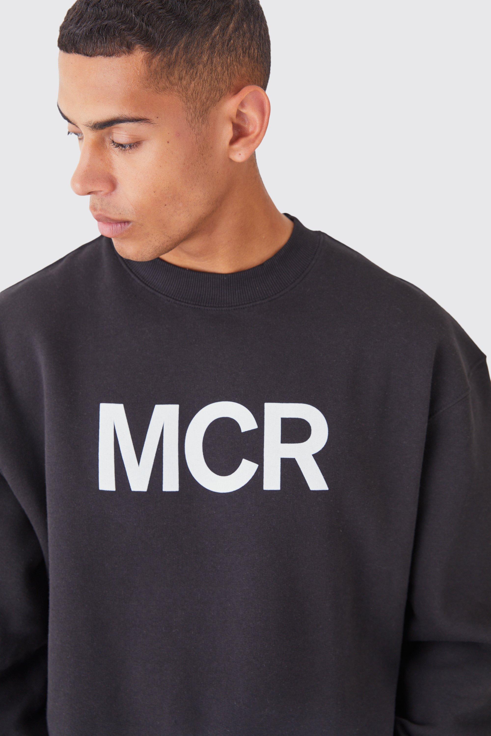 Mens Black Oversized Extended Neck Mcr Slogan Sweatshirt, Black