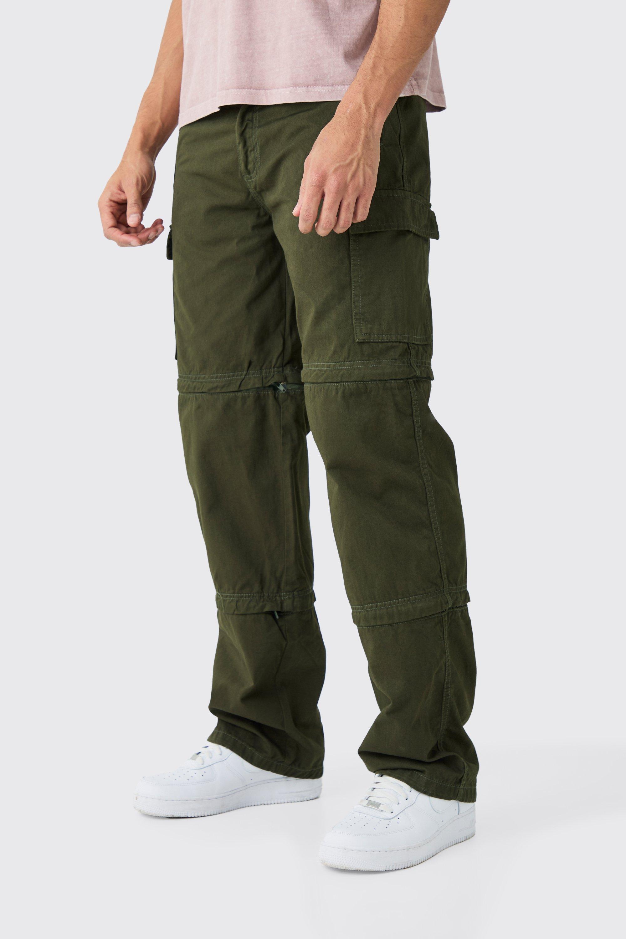 Mens Green Fixed Waist Panel Zip Off Relaxed Trouser, Green