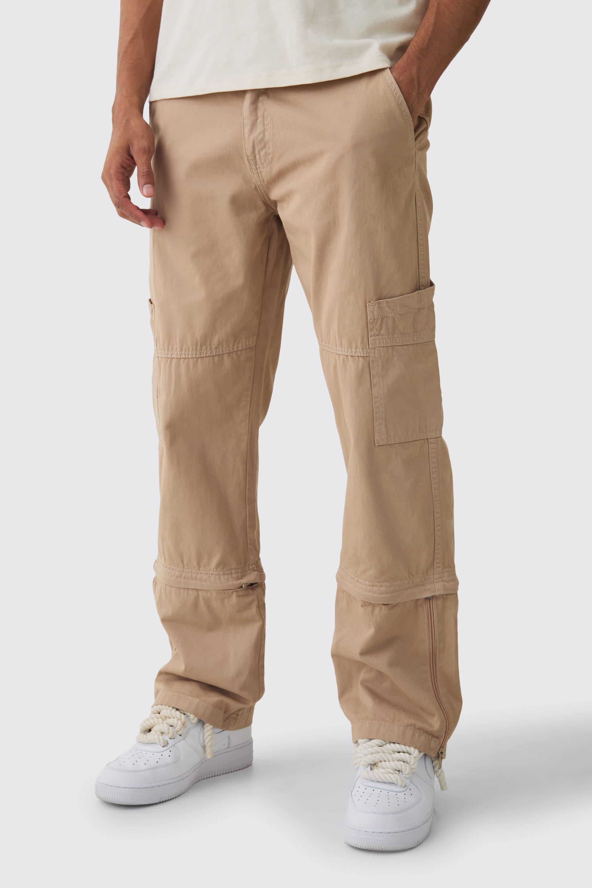 Mens Beige Fixed Waist Split Hem Relaxed Cargo Trouser, Beige