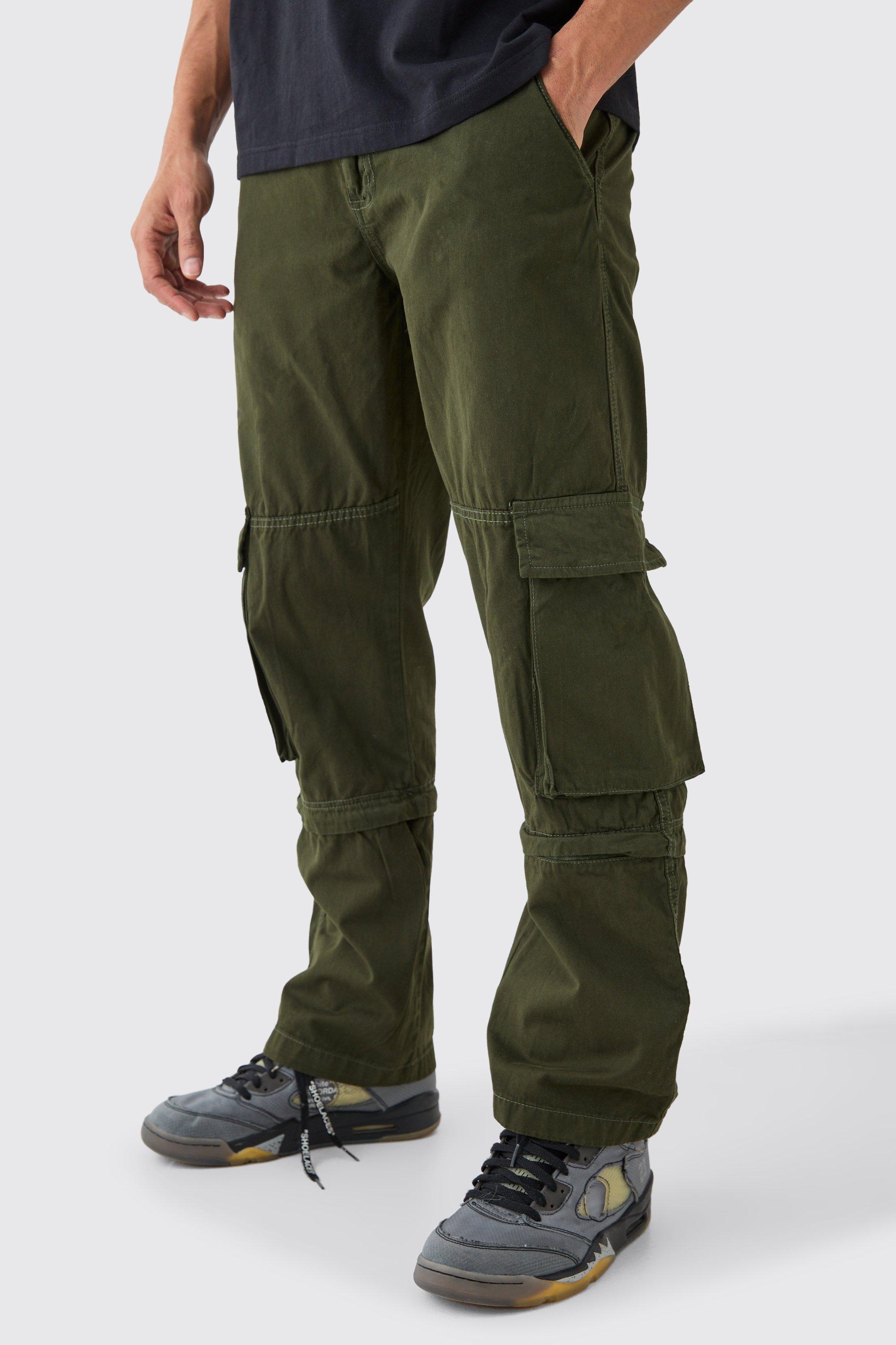 Mens Green Fixed Waist 3d Cargo Zip Off Relaxed Trouser, Green