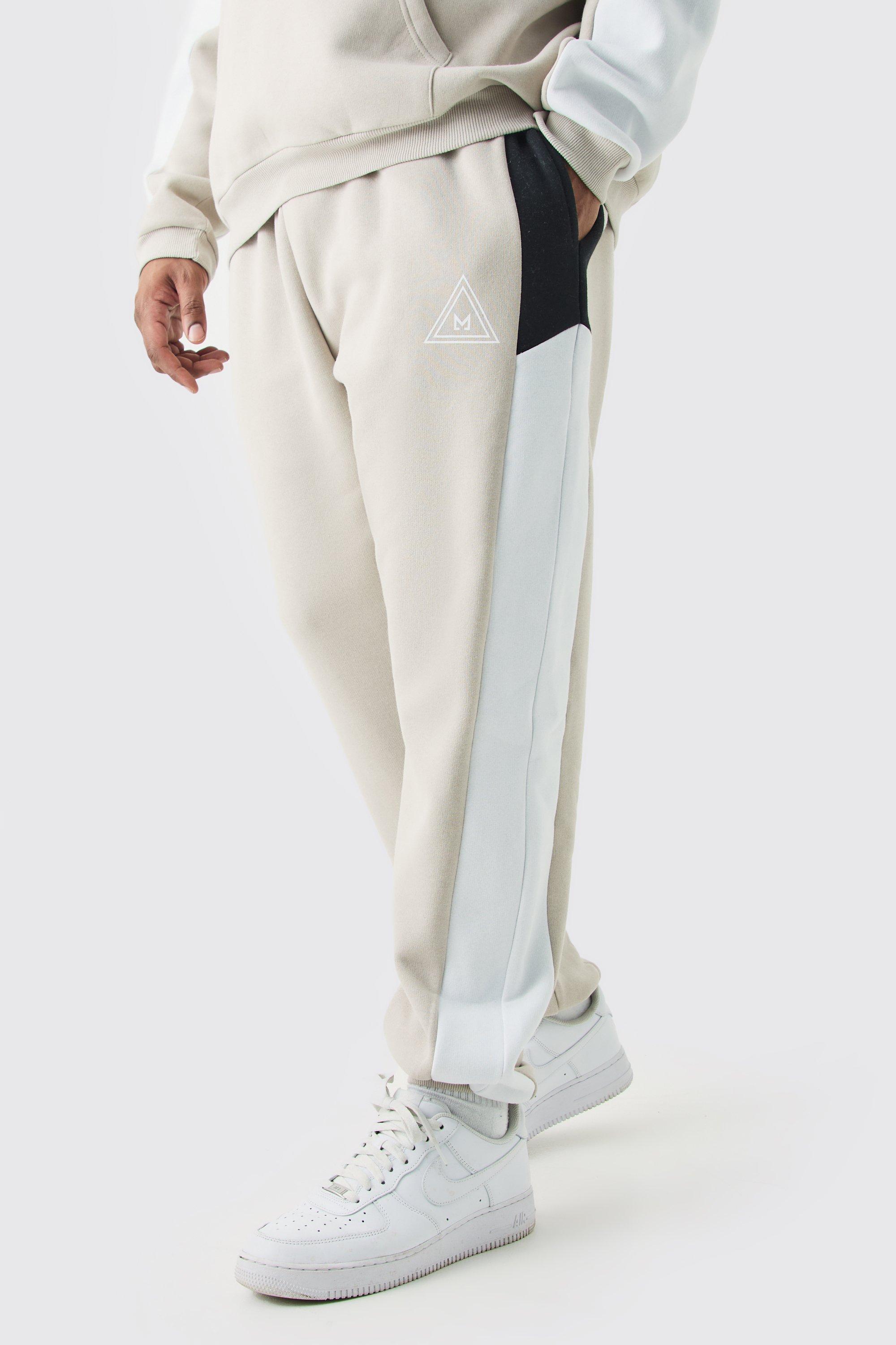Image of Plus Colour Block Branded Joggers In Stone, Beige