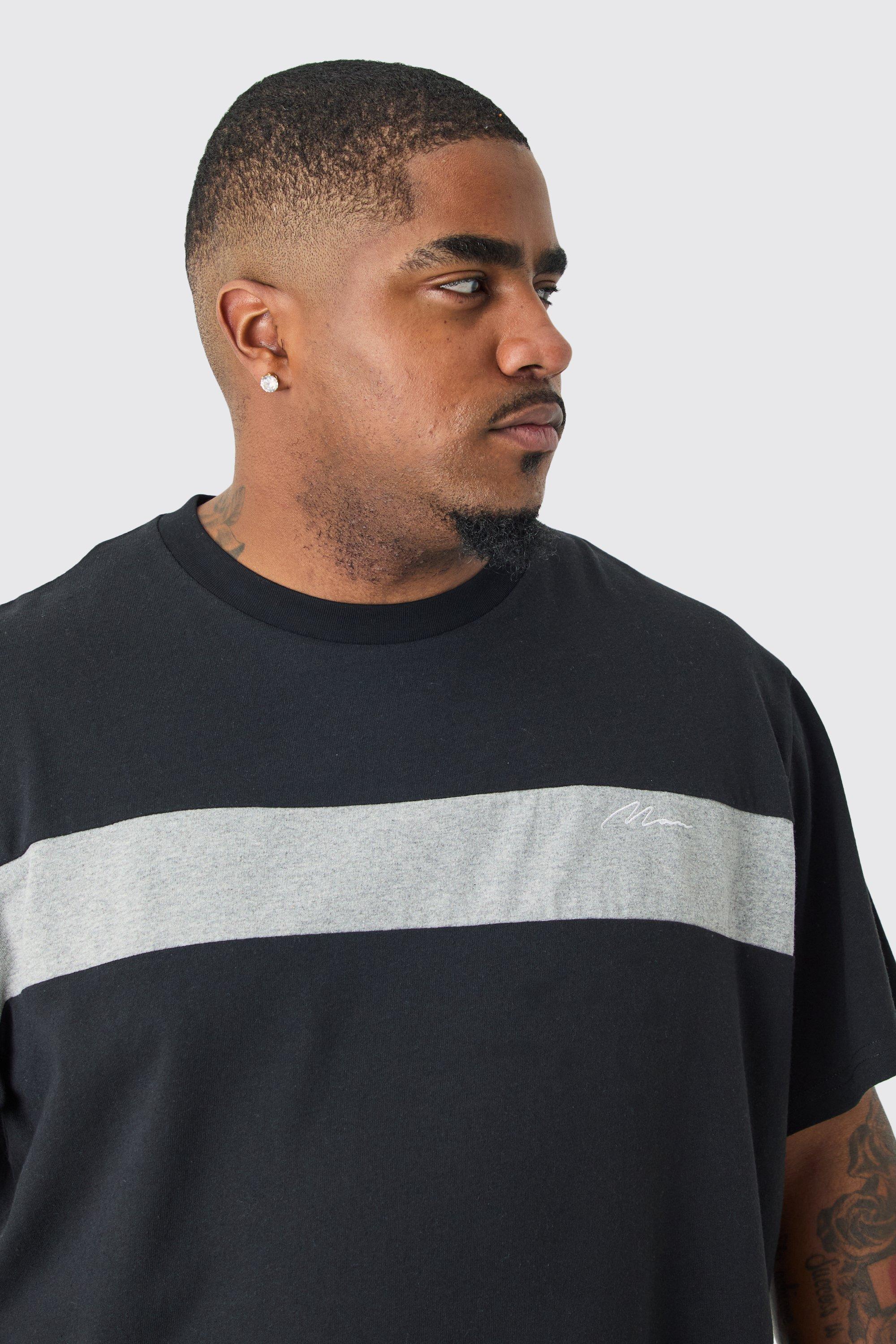 Mens Plus Regular Fit Colour Block Man Script T-Shirt In Black, Black