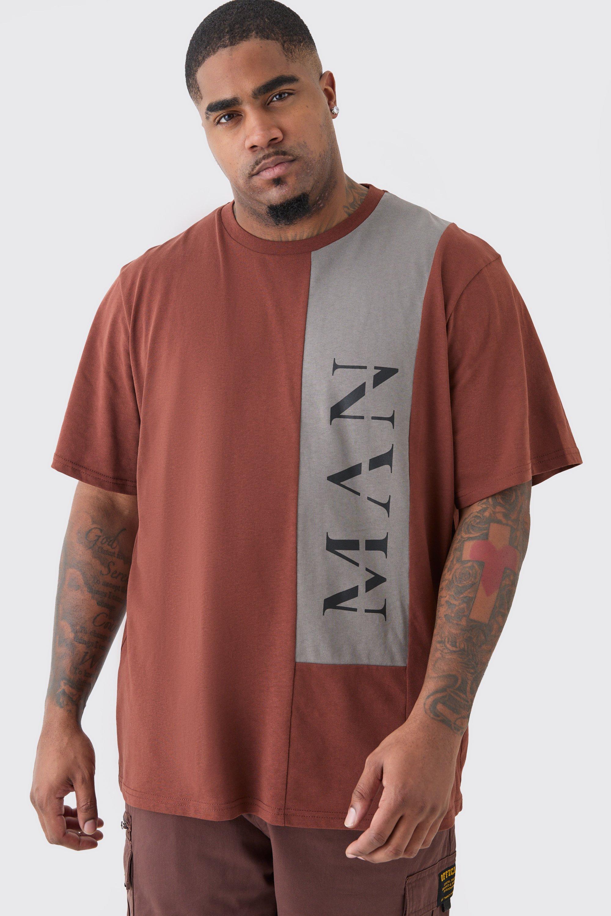 Image of T-shirt Plus Size Man a blocchi di colore con caratteri romani color cioccolato, Brown