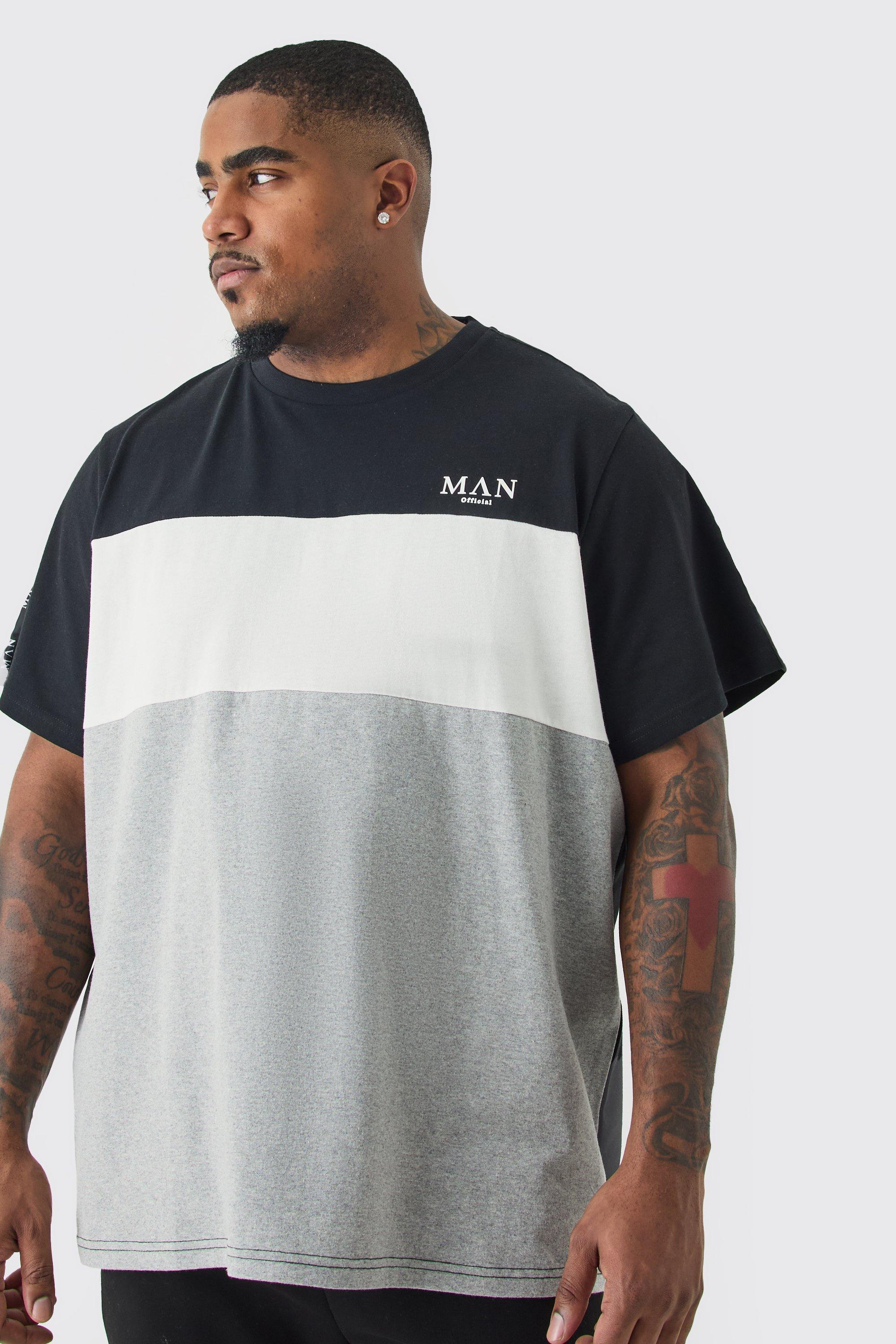 Image of T-shirt Plus Size Man a blocchi di colore con caratteri romani e striscia nera, Nero