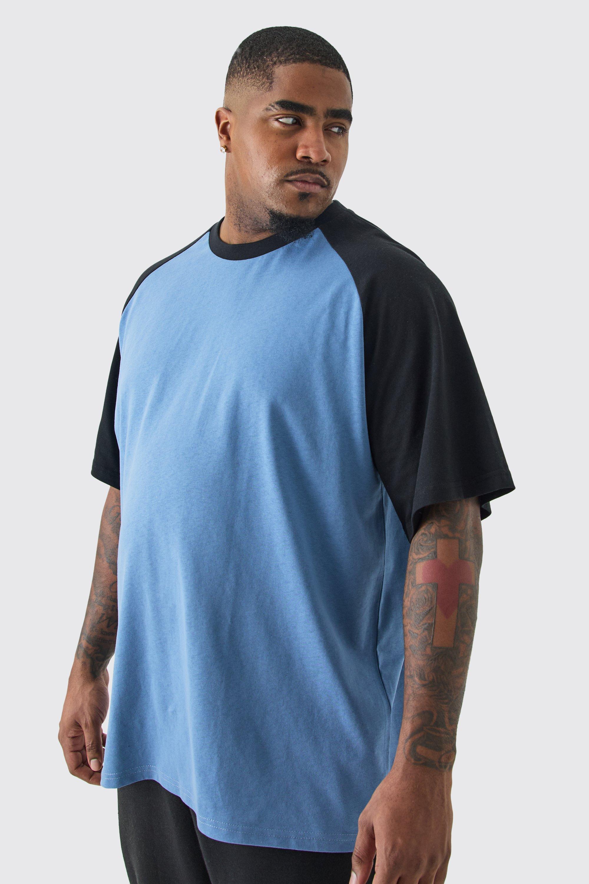 Image of T-shirt Plus Size a blocchi di colore blu con dettagli raglan, Azzurro