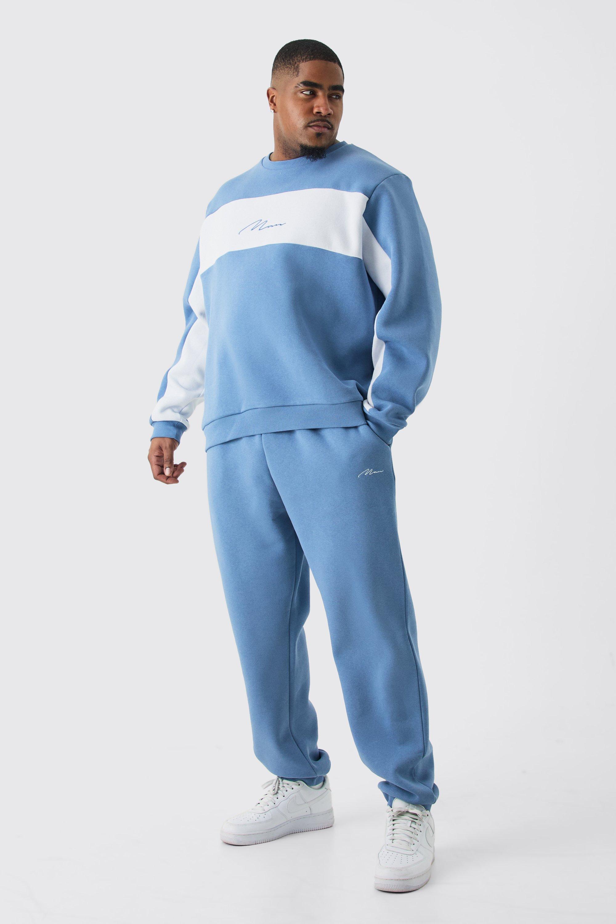 Image of Tuta sportiva felpata Man Plus Size a blocchi di colore blu, Azzurro