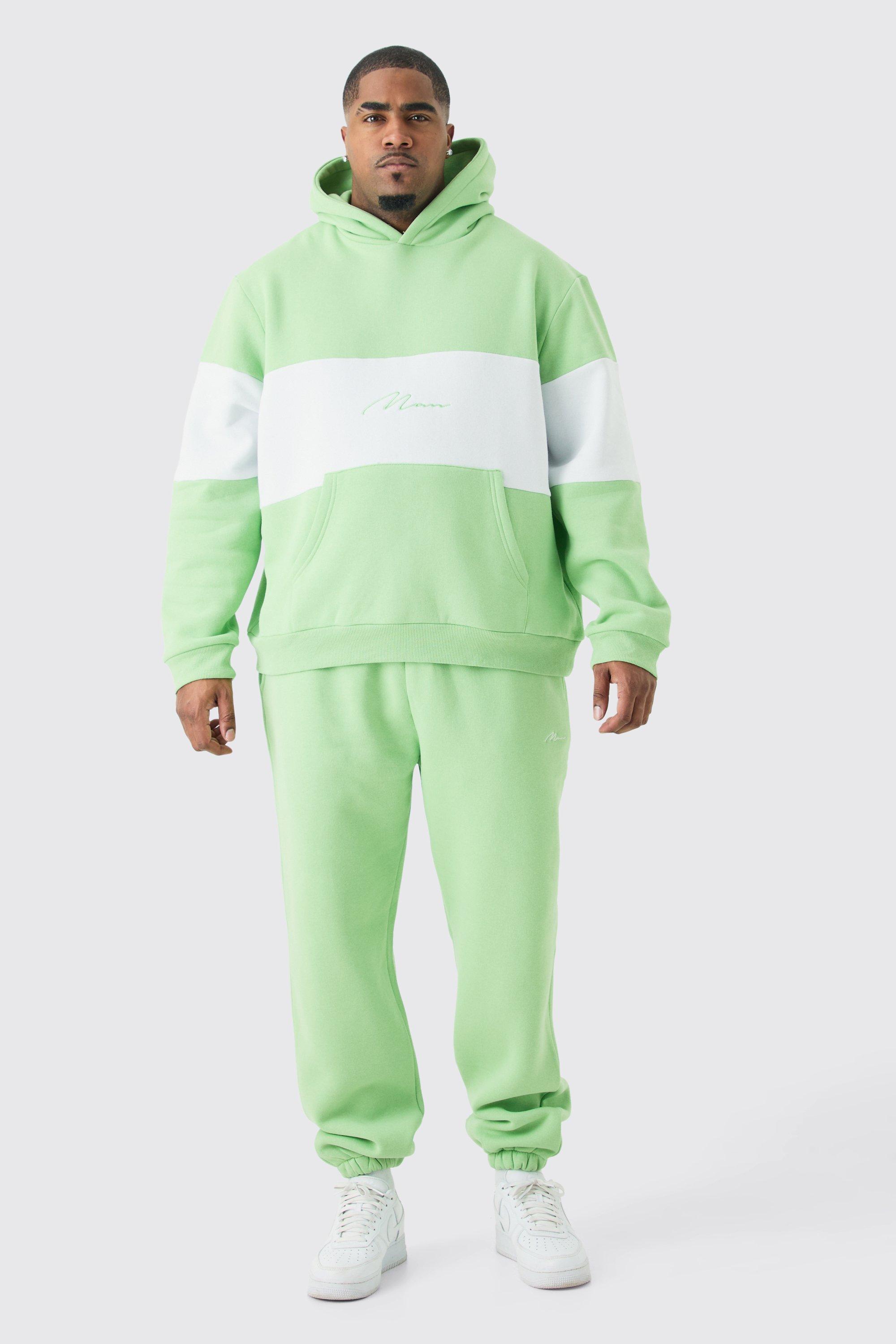 Image of Tuta sportiva Plus Size Man a blocchi di colore color salvia con cappuccio, Verde