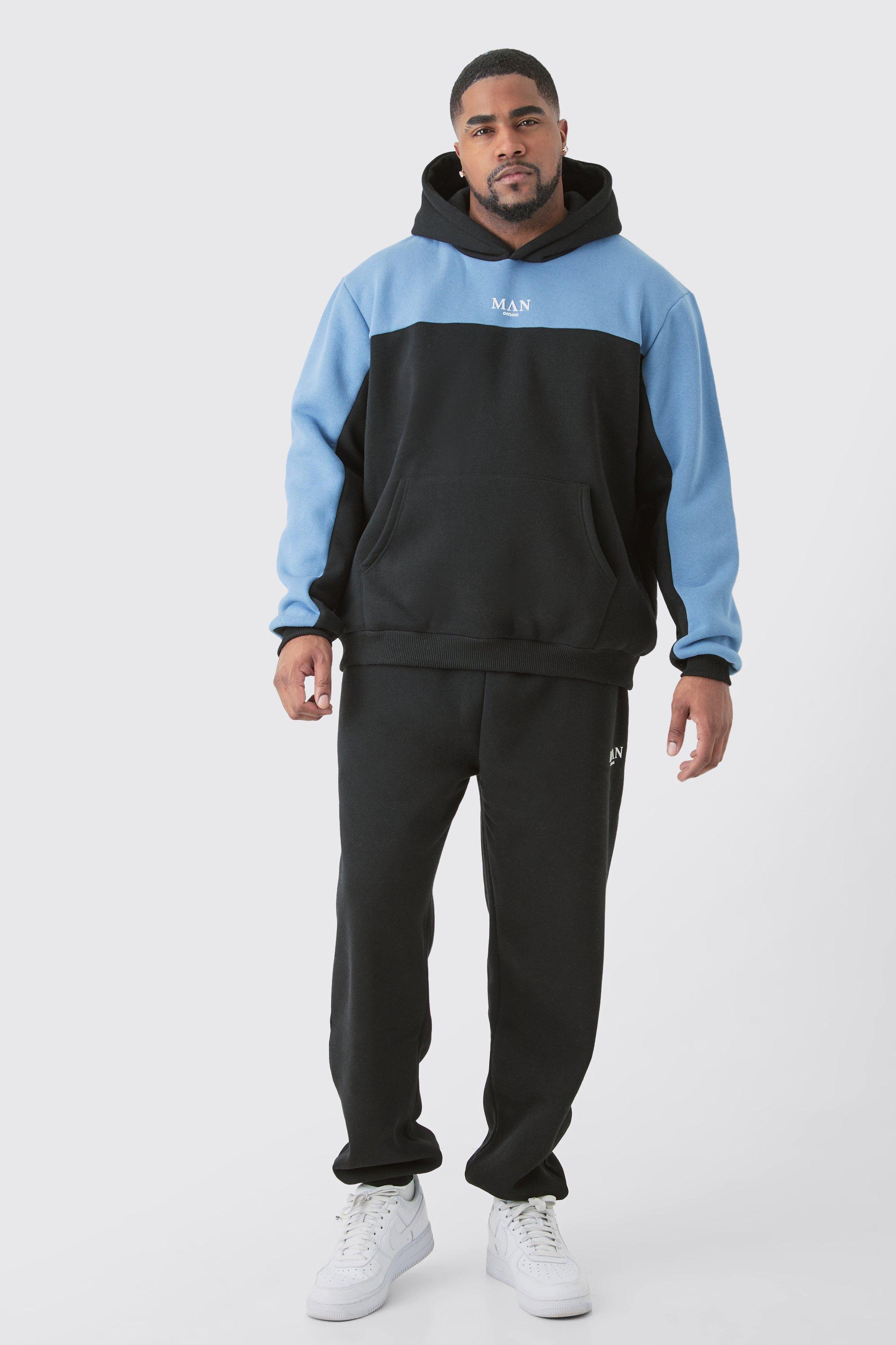 Image of Tuta sportiva Plus Size Man a blocchi di colore blu con cappuccio e caratteri romani, Azzurro