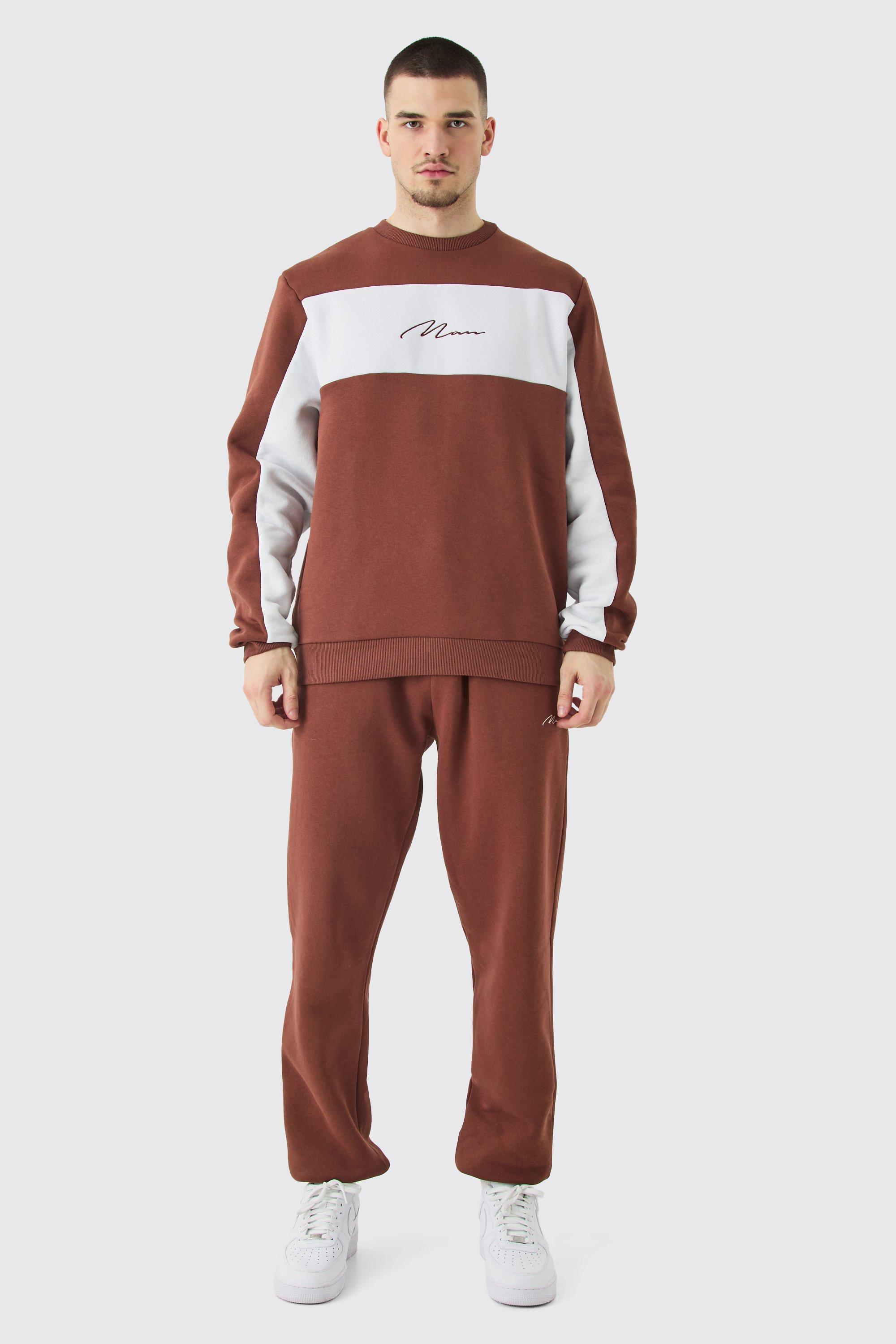 men's tall colour block man sweatshirt tracksuit in chocolate - brown - s, brown