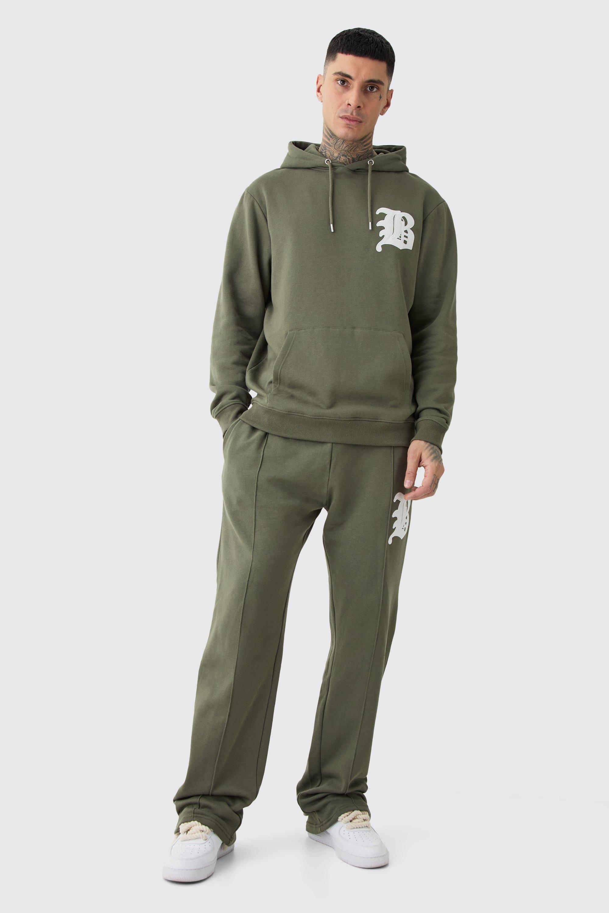 Mens Green Tall B Badge Stacked Gusset Hooded Tracksuit, Green