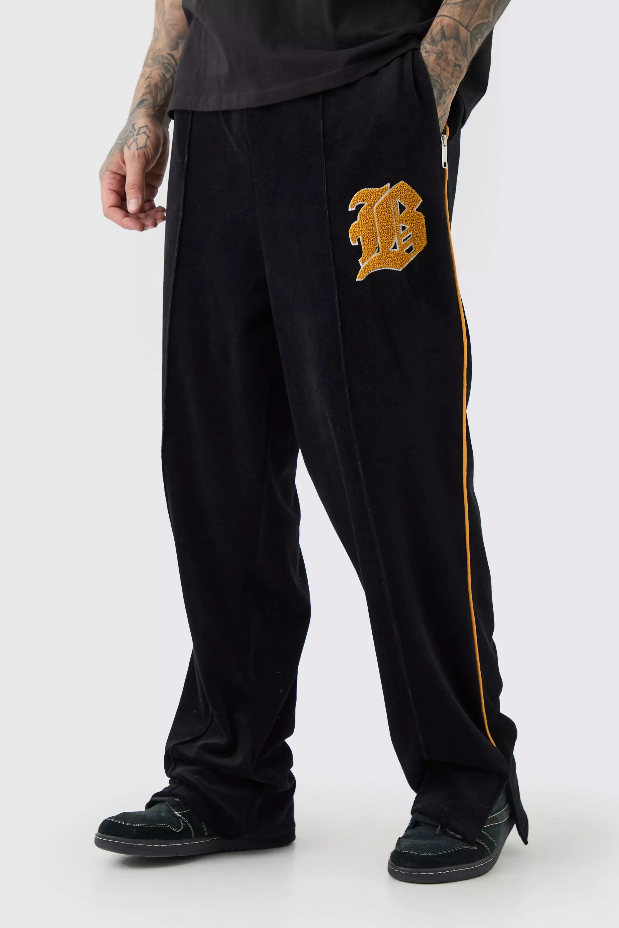 Tall Wide Fit Varsity Velour Joggers boohooMAN USA