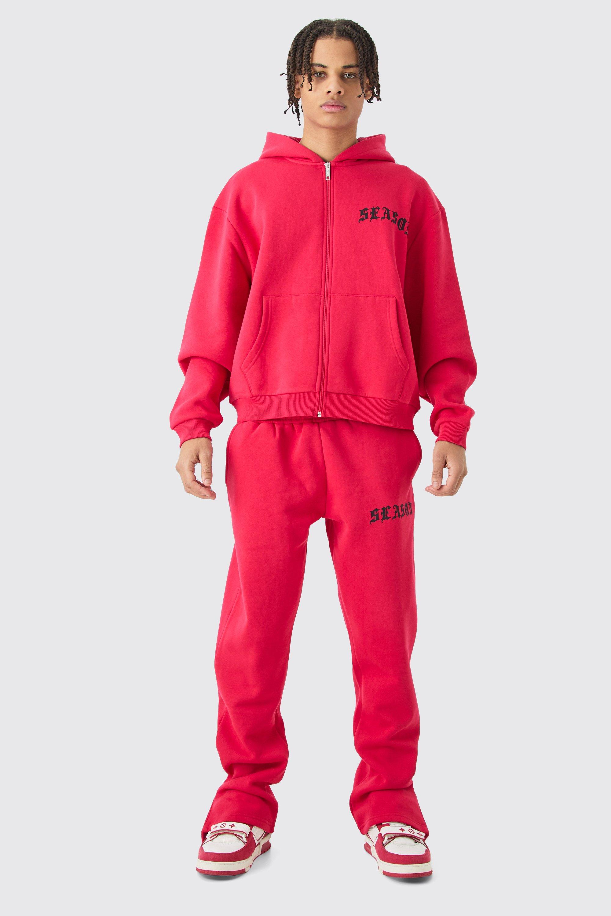 Mens Red Oversized Boxy Zip Thru Gothic Hooded Tracksuit, Red