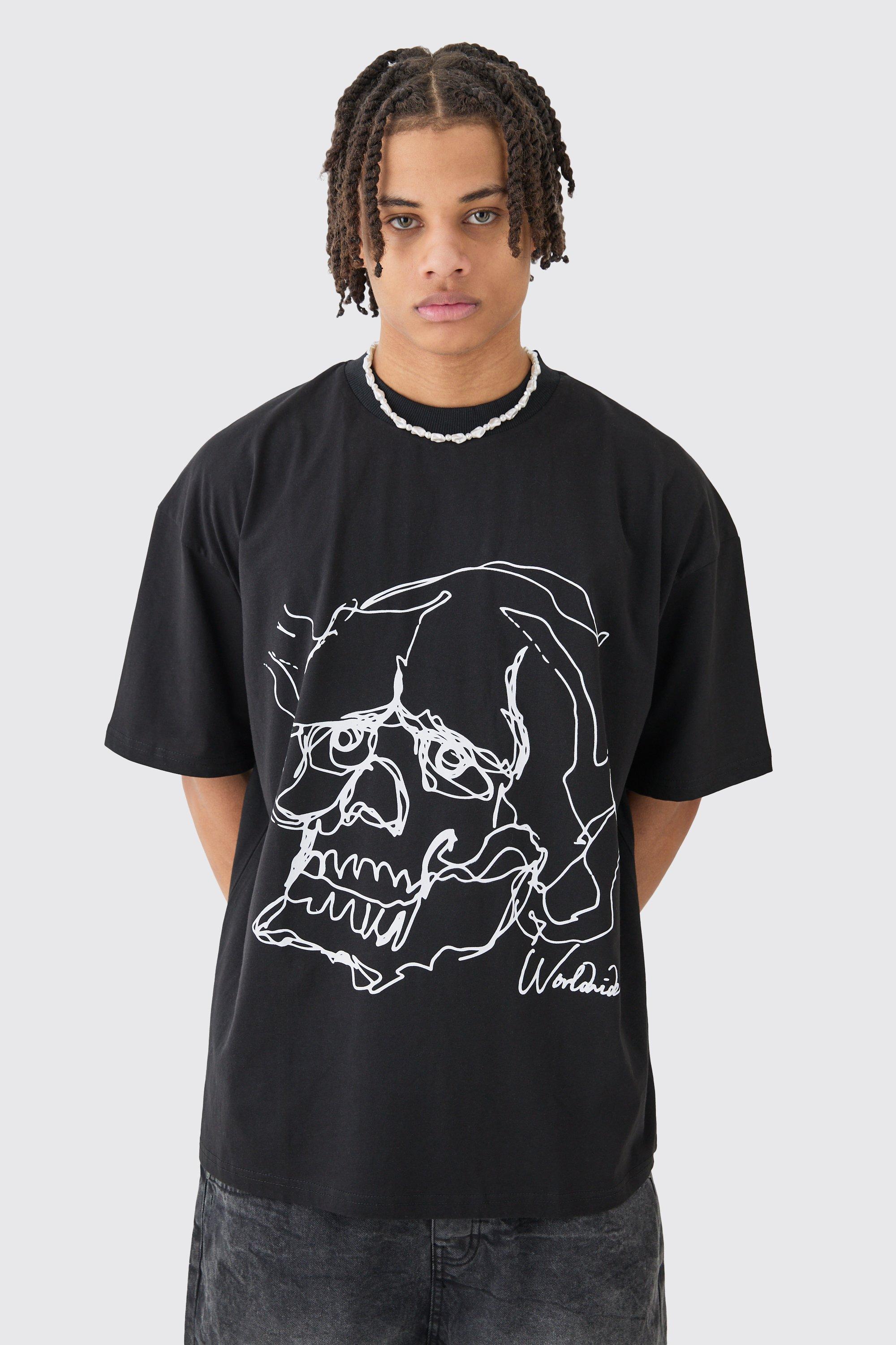 Image of T-shirt squadrata oversize con grafica di teschio e girocollo esteso, Nero