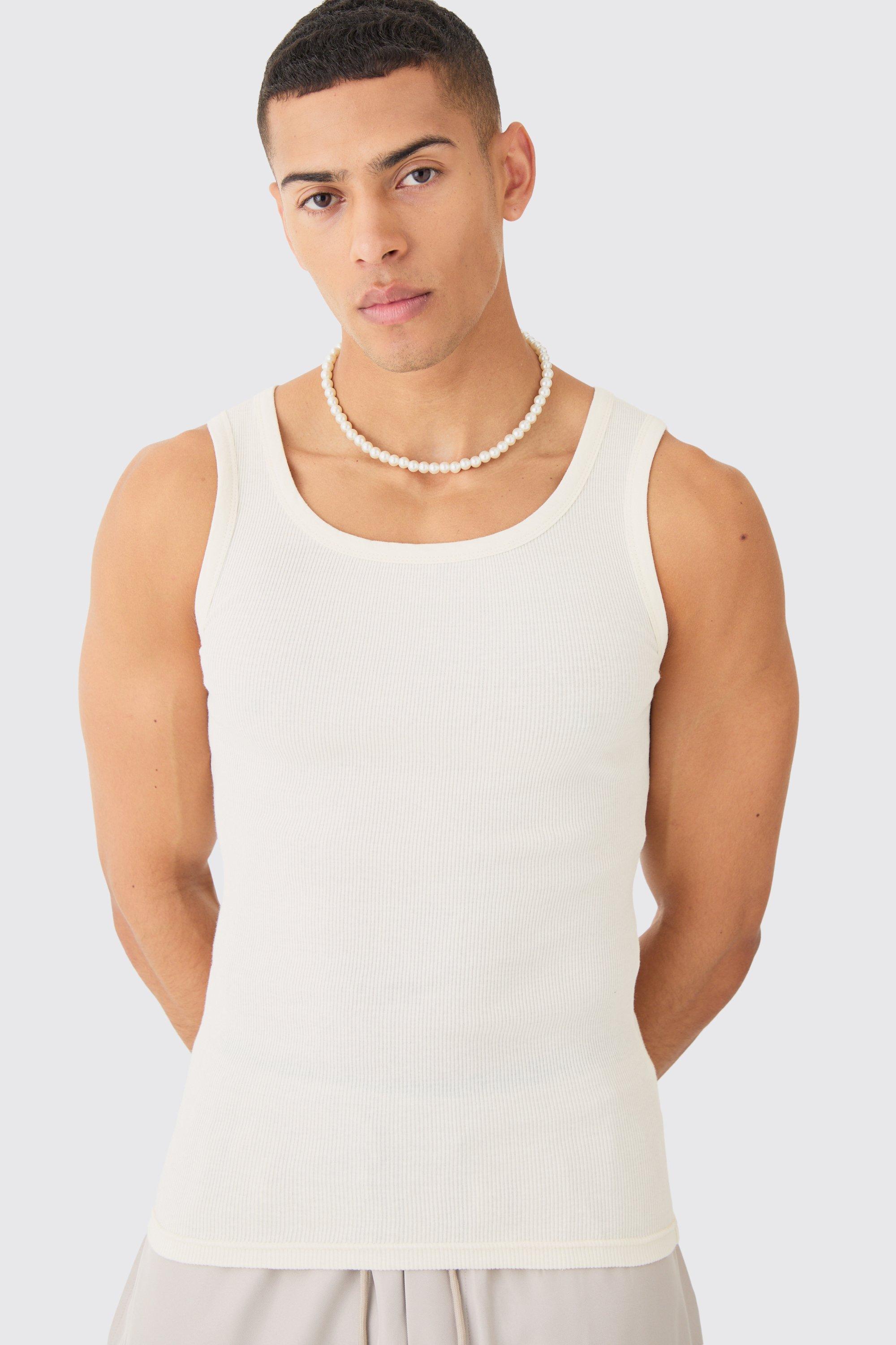 Image of Ribbed Muscle Fit Vest, Cream