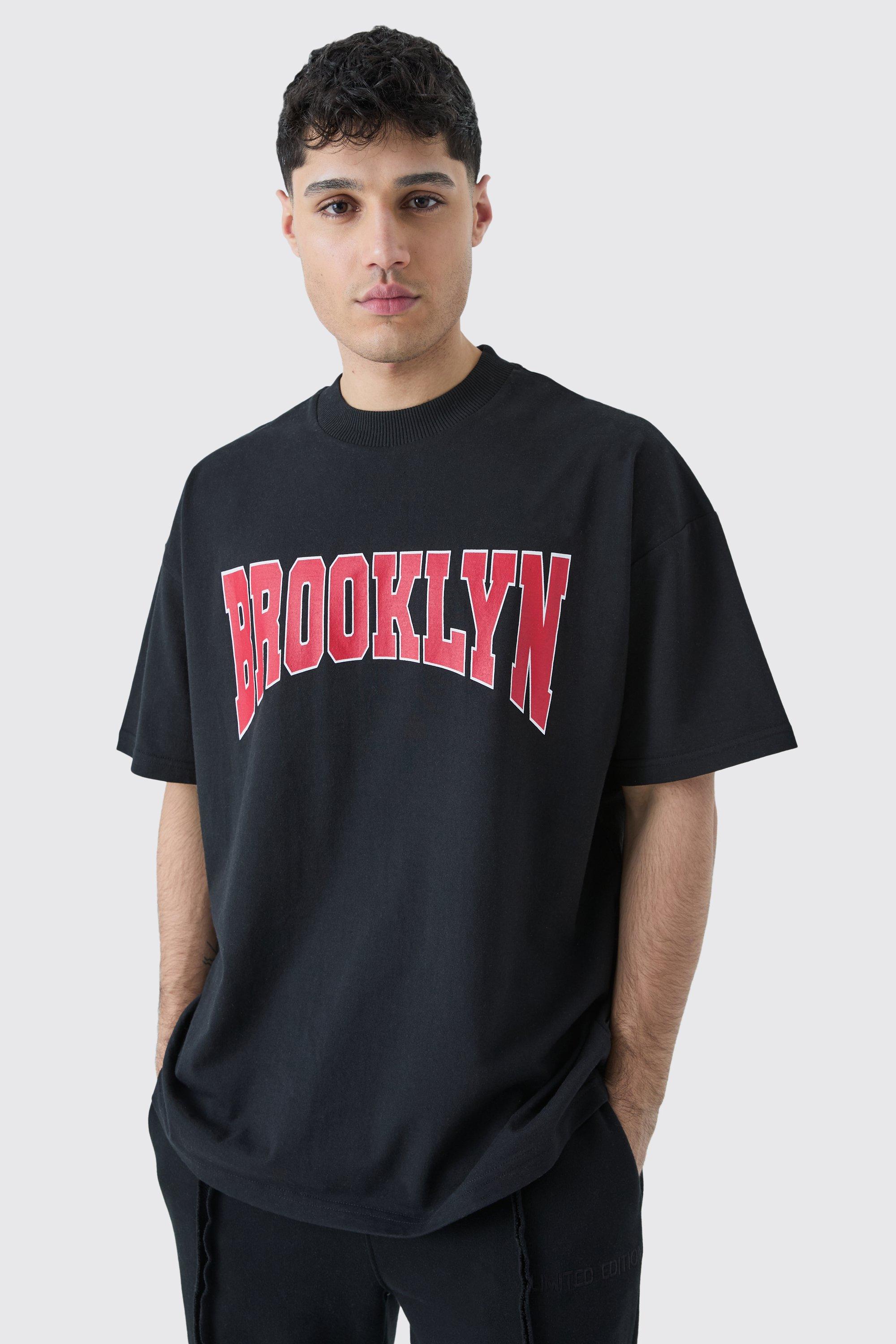 Mens Black Oversized Extended Neck Brooklyn T-shirt, Black