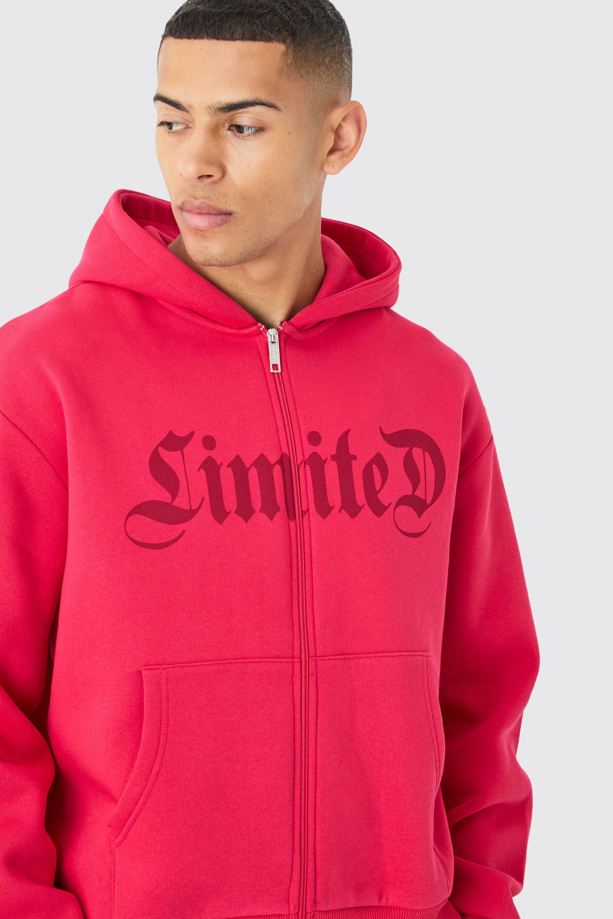 Mens Red Oversized Boxy Limited Zip Through Hoodie, Red
