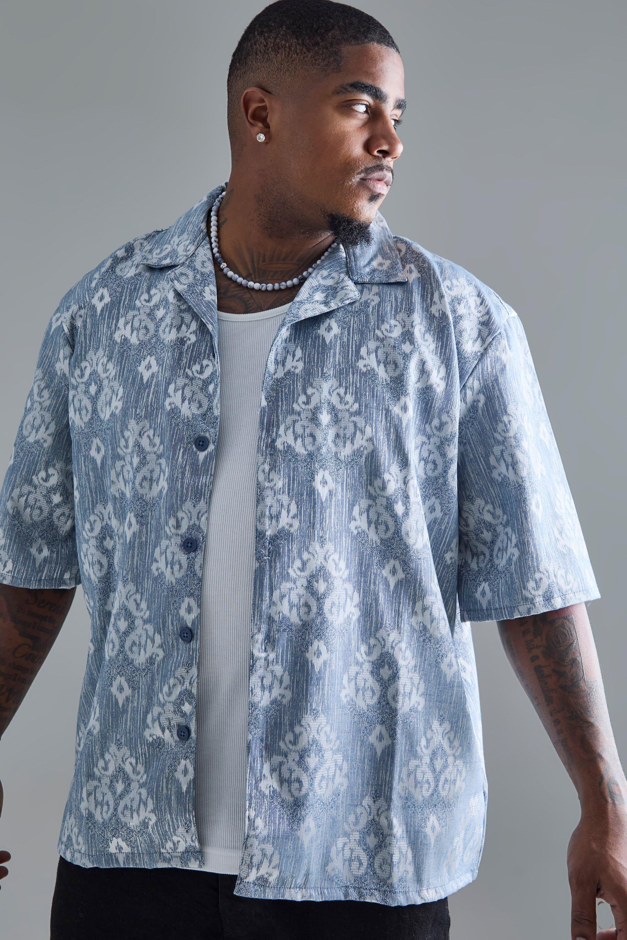Mens Plus Short Sleeve Textured Drop Revere Shirt In Blue, Blue