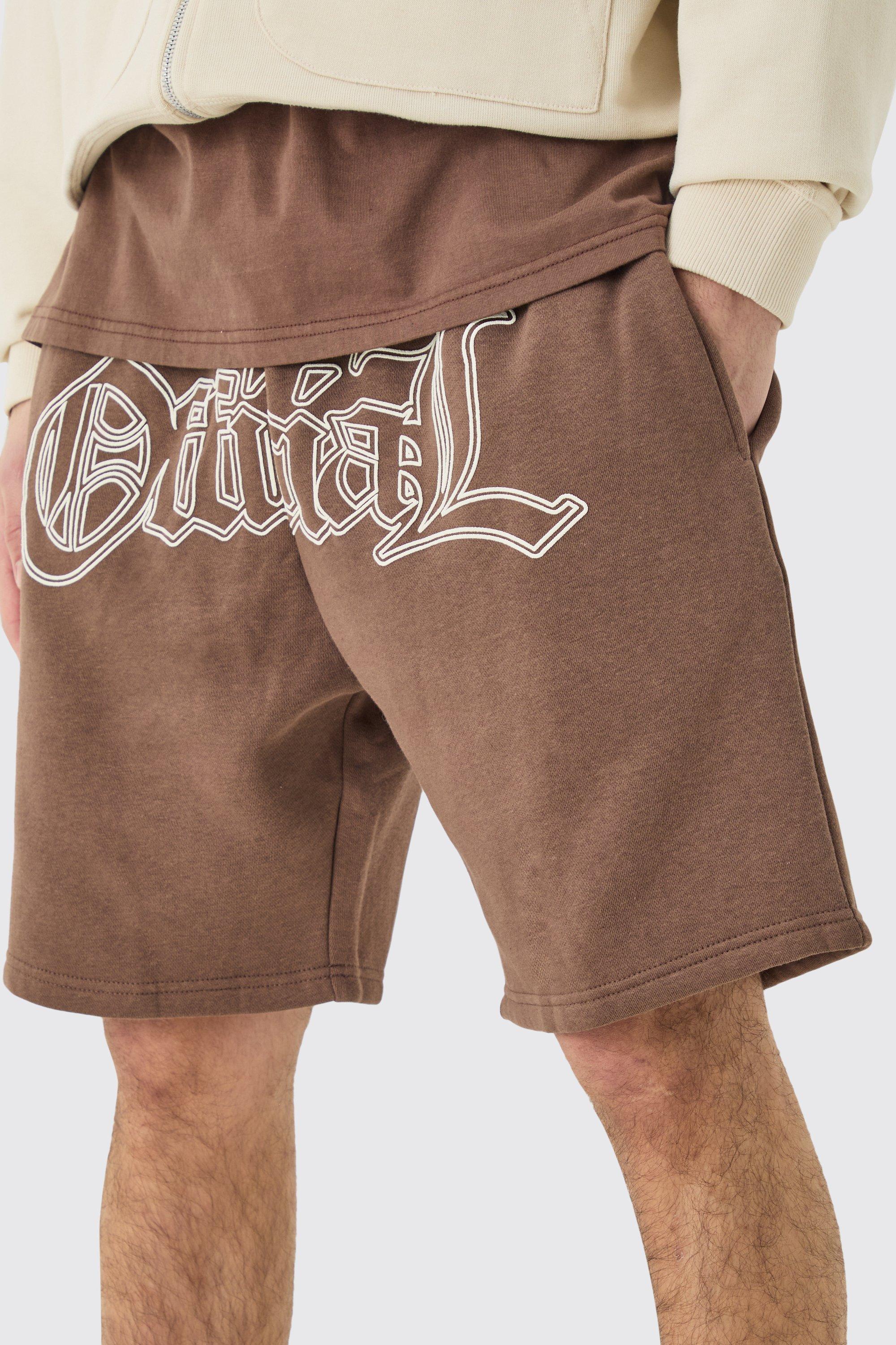 Pantaloncini rilassati Official con stampa a caratteri arrotondati, Brown