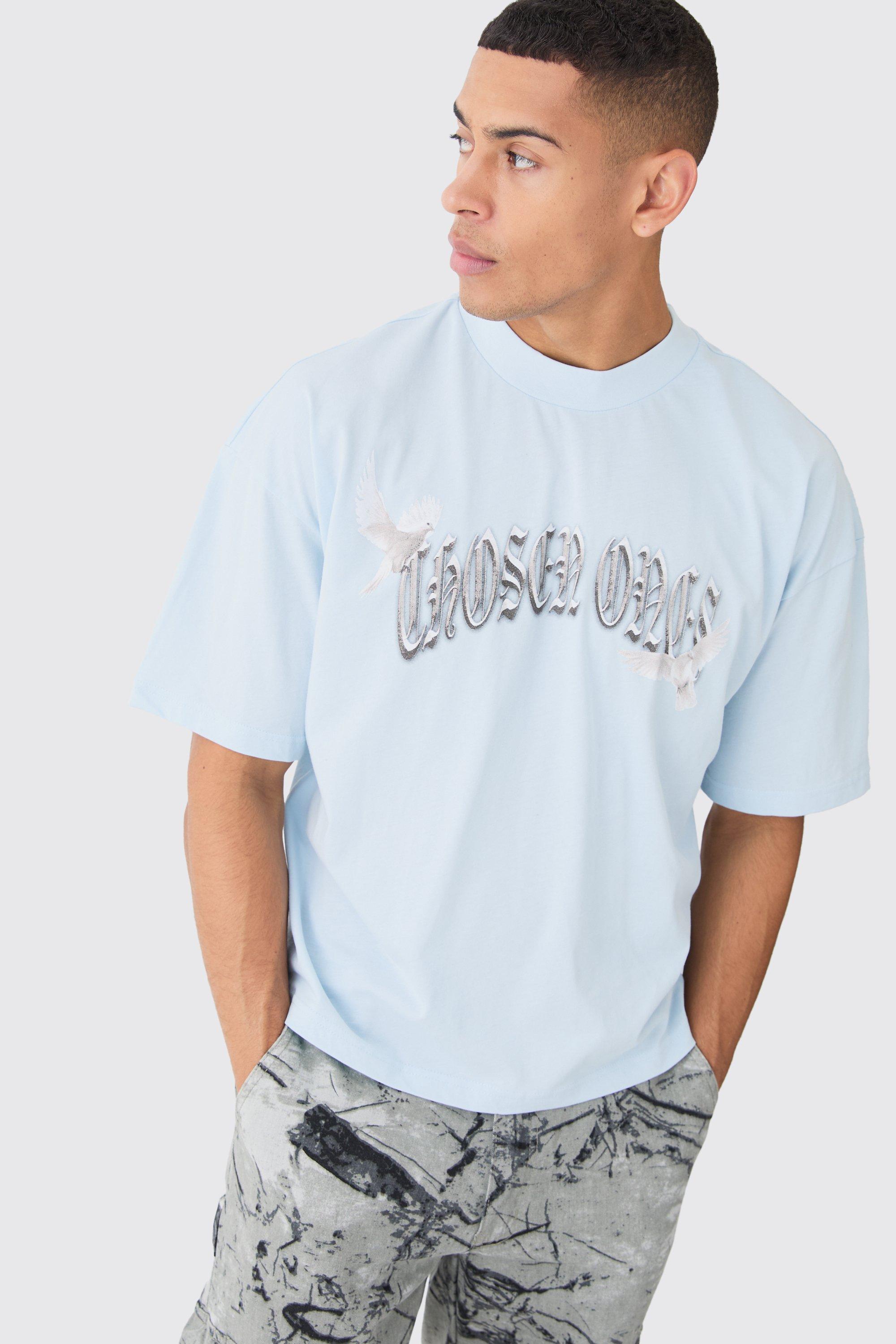 Image of T-shirt squadrata oversize con grafica di uccelli e girocollo esteso, Azzurro