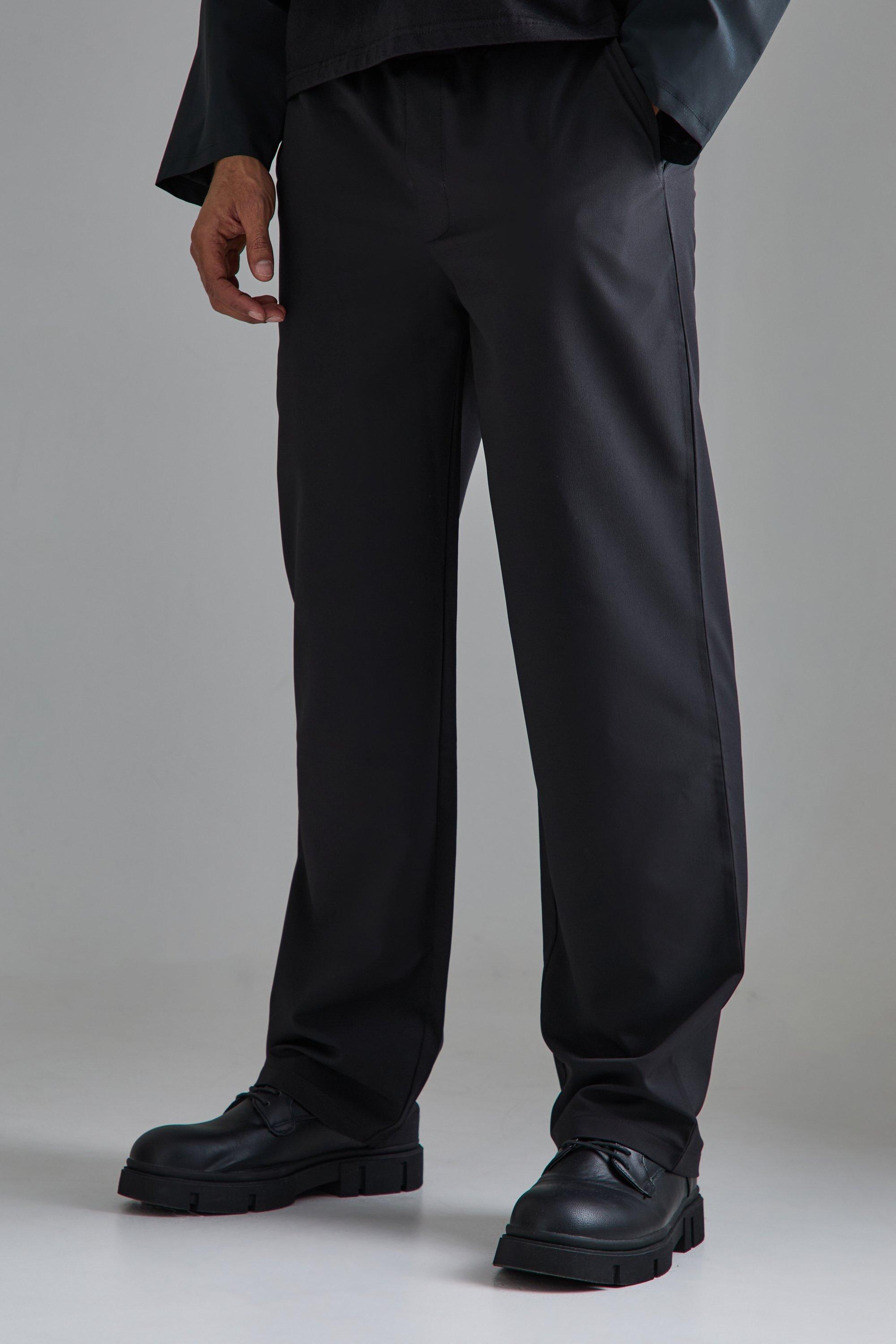 Mens Black Elasticated Waist Wide Leg Smart Trousers, Black