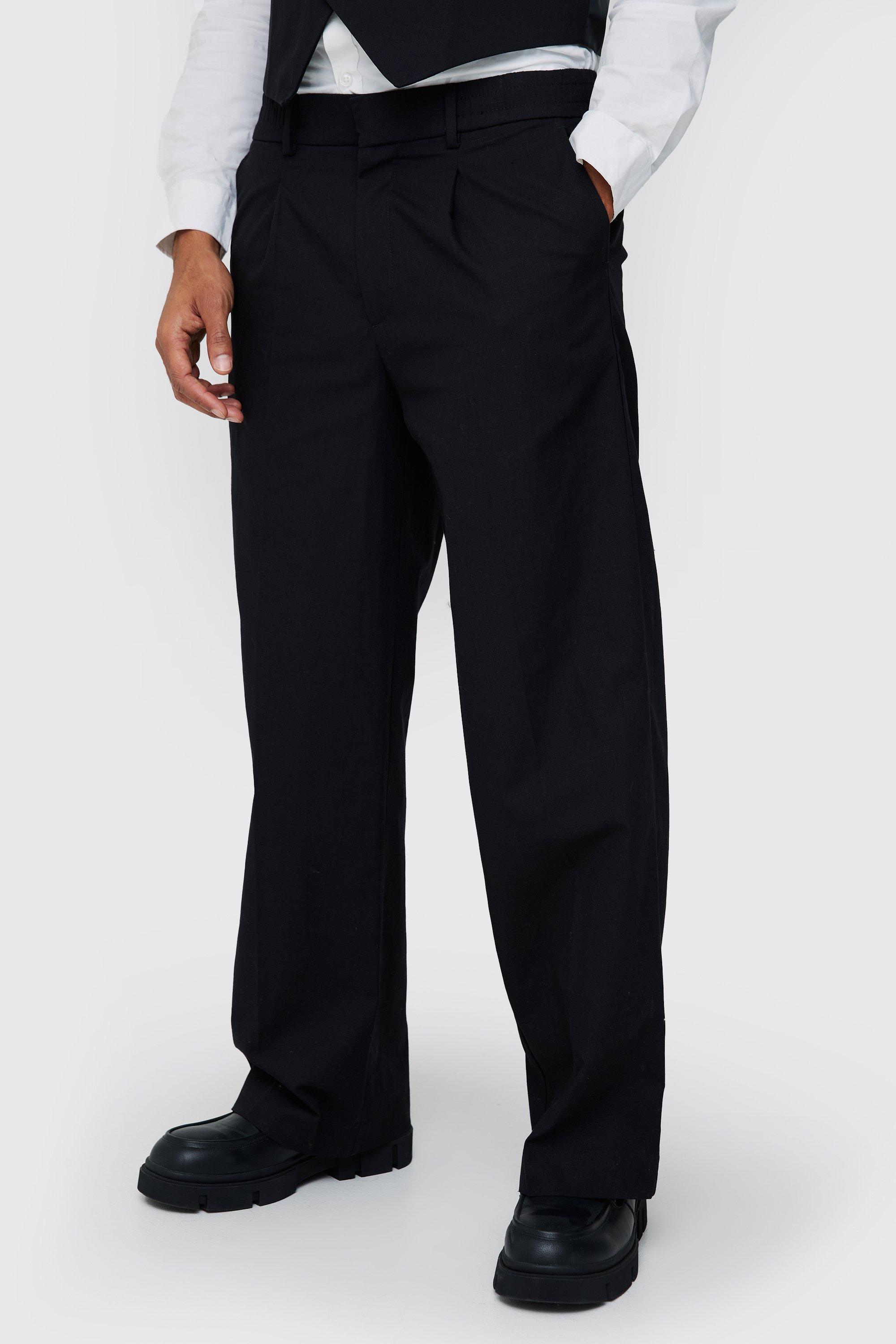 Mens Black Elasticated Waistband Linen Blend Wide Leg Trousers, Black