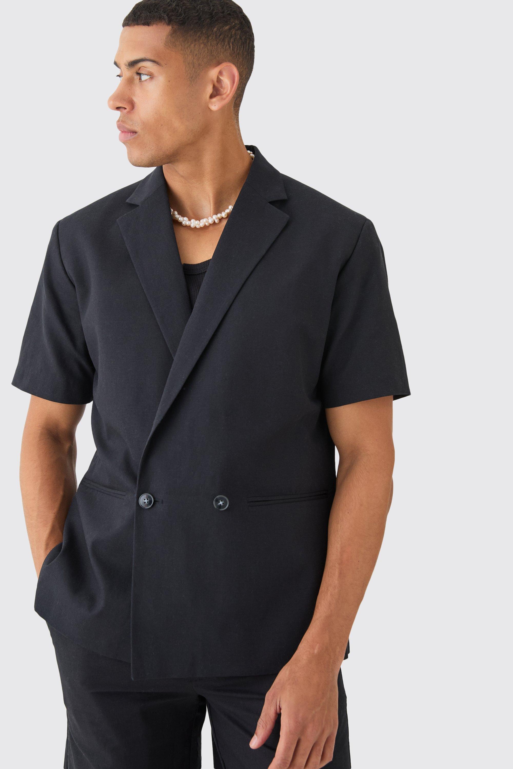 Image of Mix & Match Linen Blend Short Sleeve Double Breasted Blazer, Nero