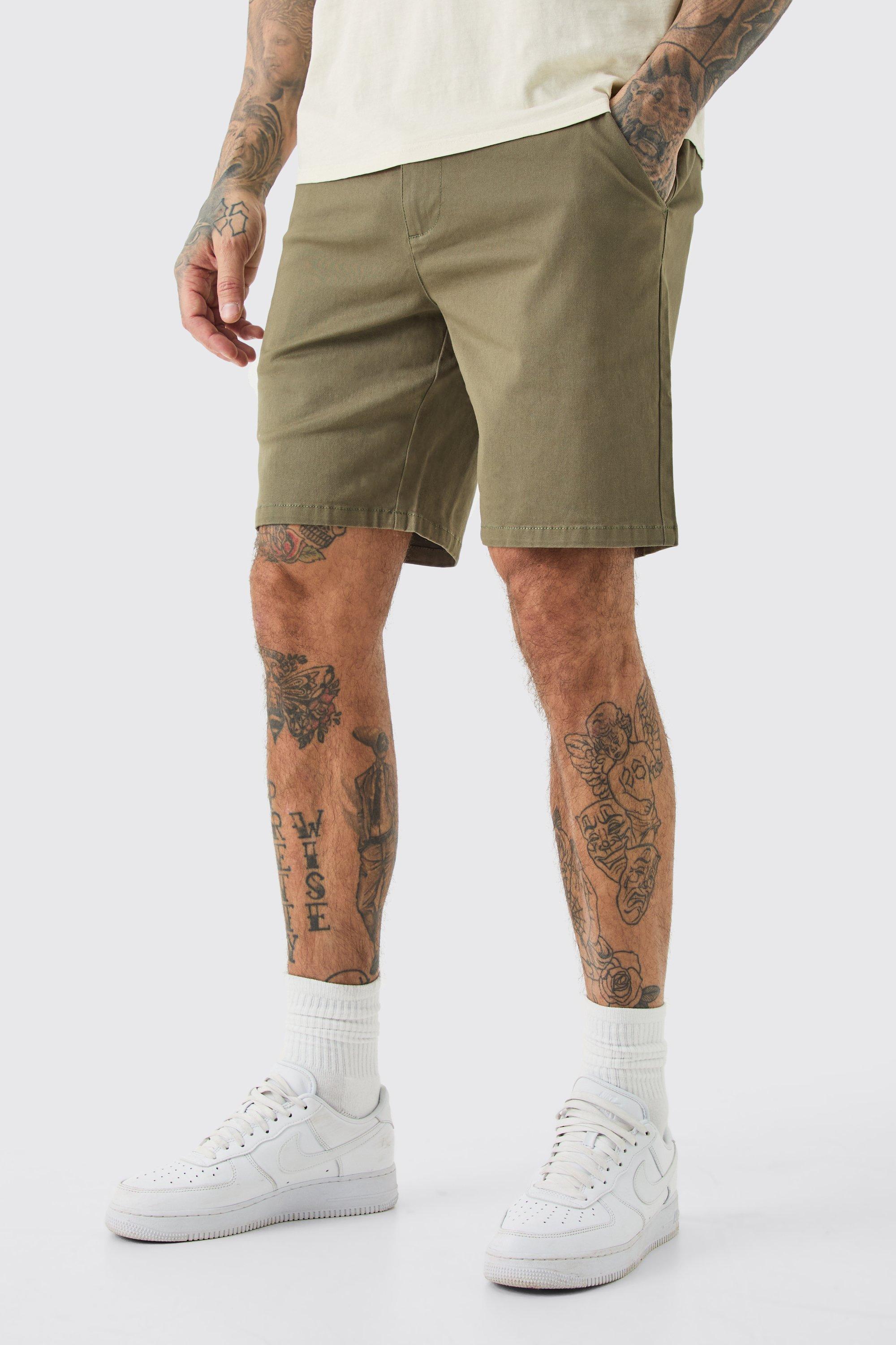Image of Pantaloncini Chino Tall Slim Fit color kaki con vita fissa, Verde