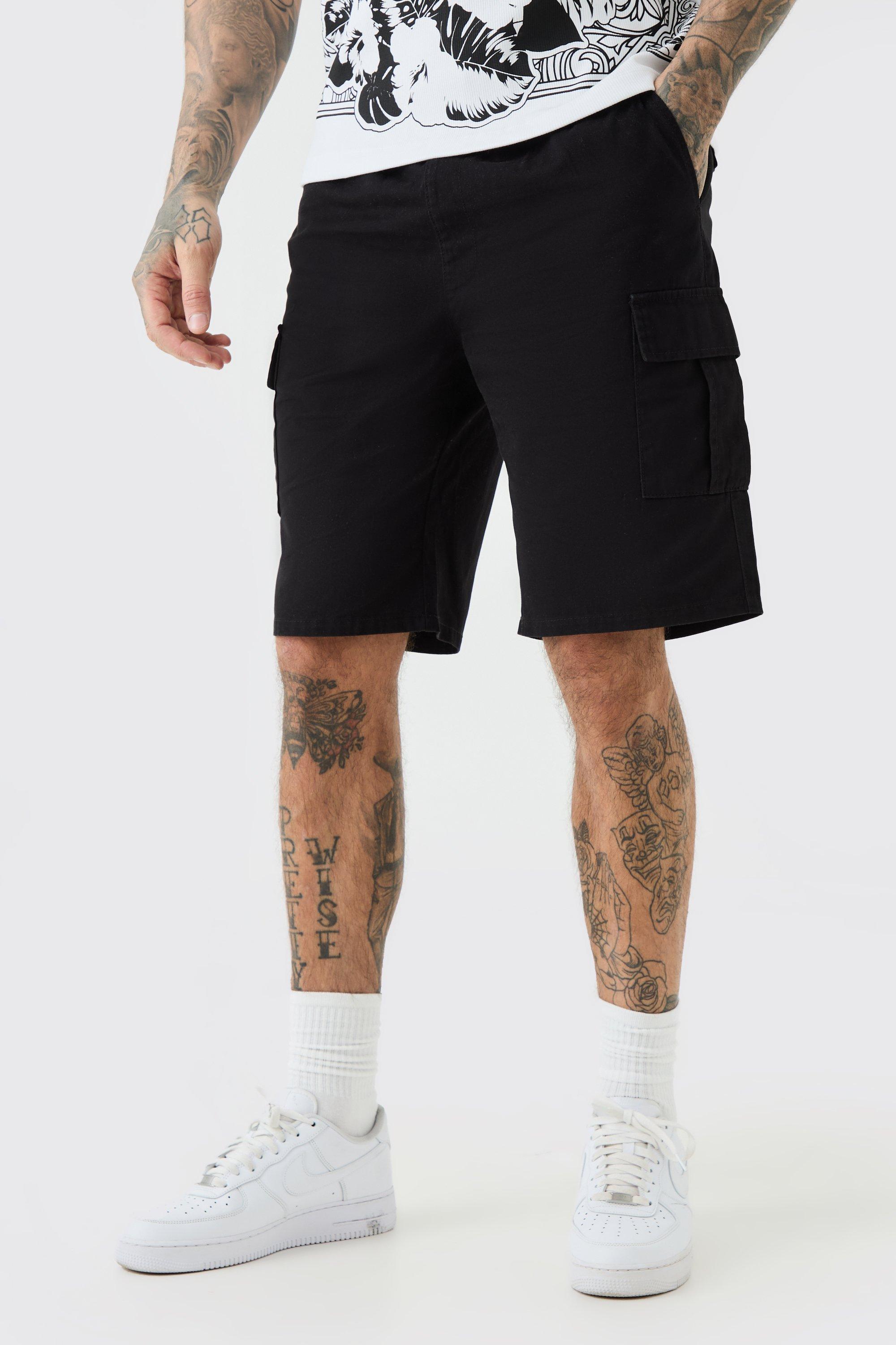 Mens Tall Elastic Waist Relaxed Fit Cargo Shorts In Black, Black