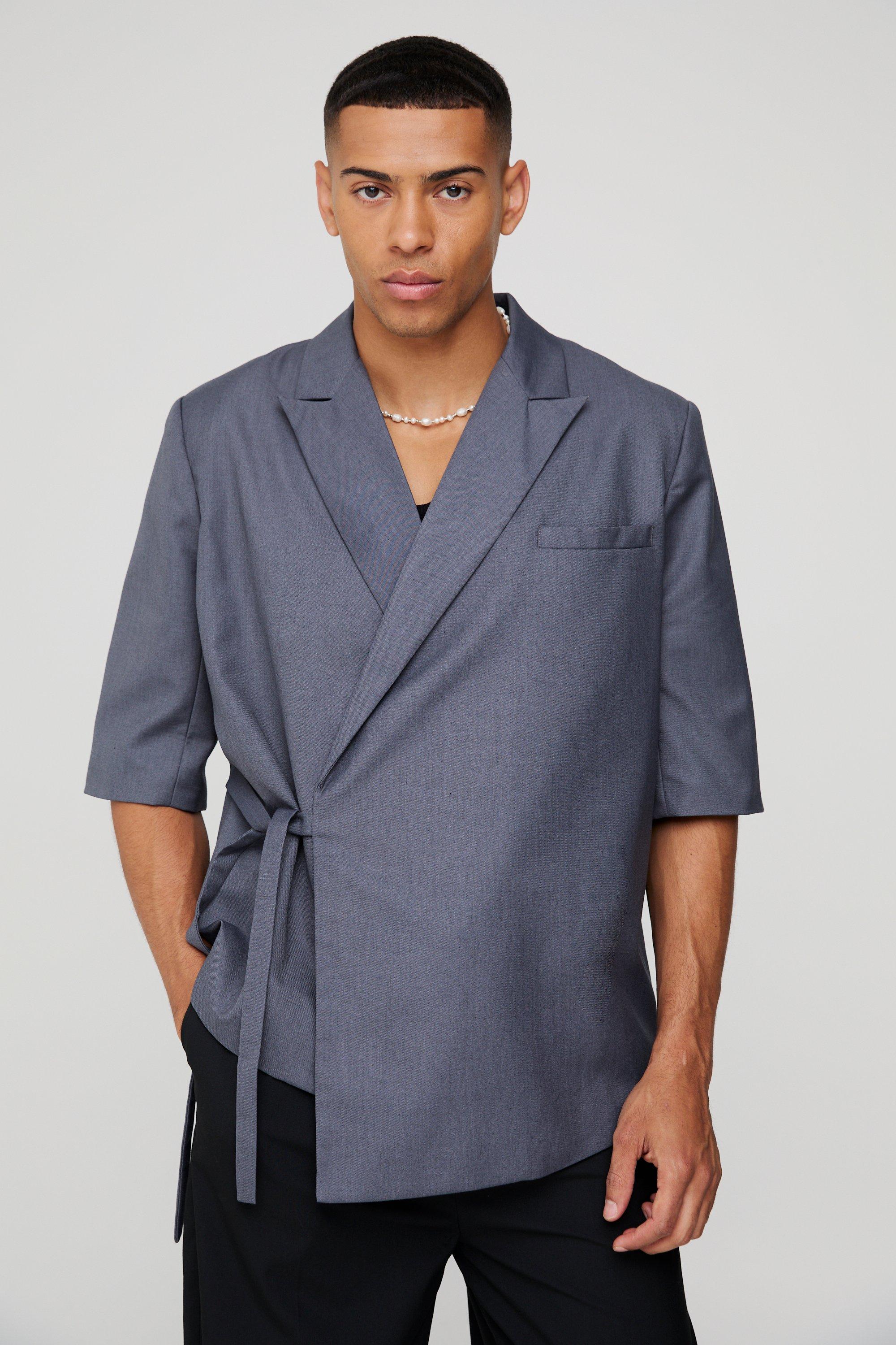 Image of Short Sleeve Tie Side Oversized Blazer, Grigio