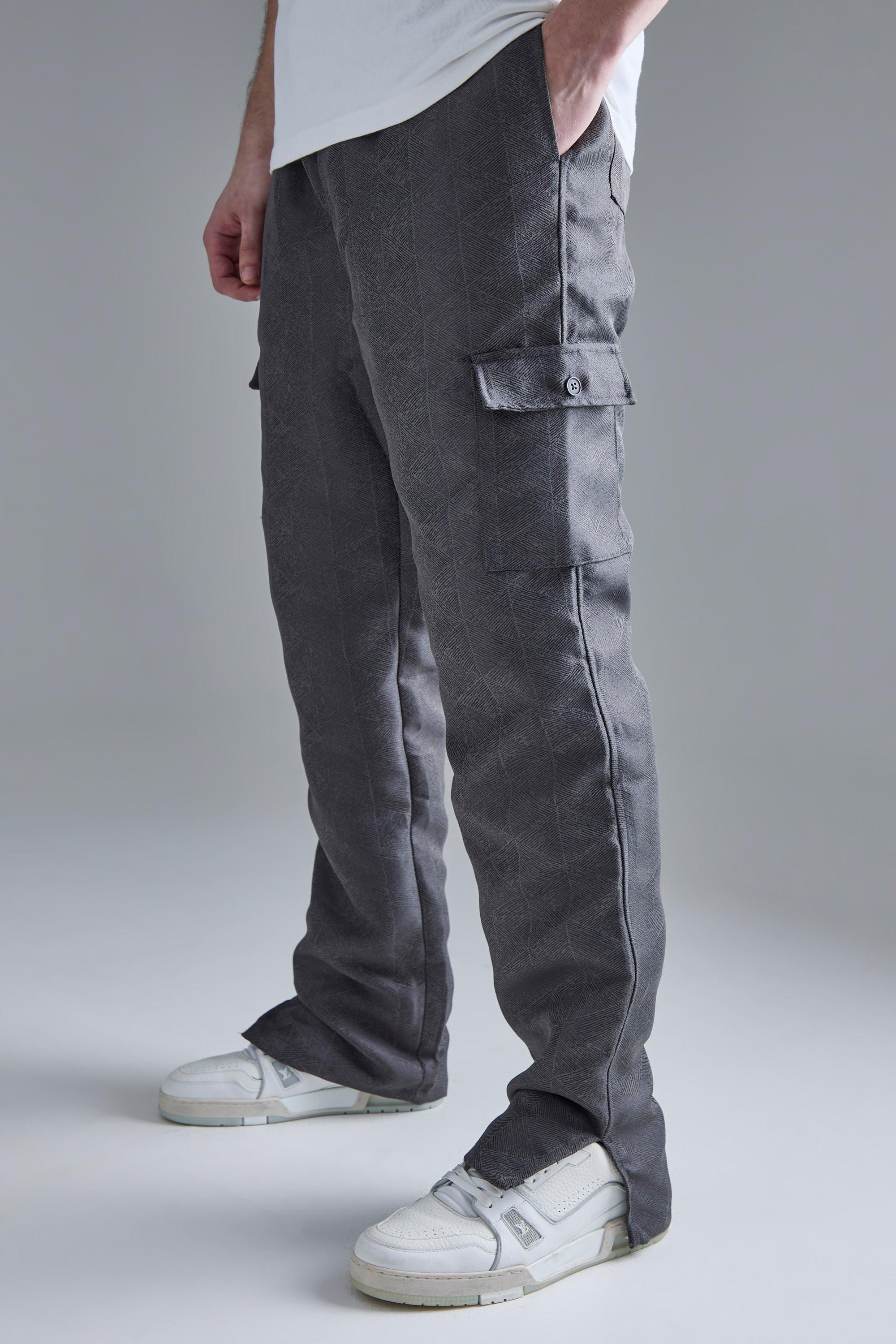 Mens Grey Tall Elasticated Waist Split Hem Texture Cargo Trouser, Grey