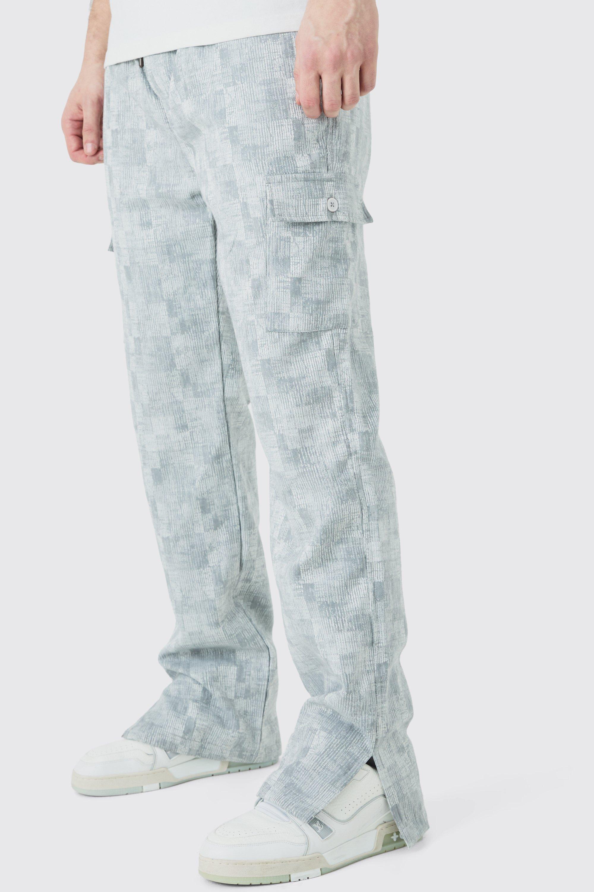 Mens Grey Tall Elasticated Waist Split Hem Texture Cargo Trouser, Grey