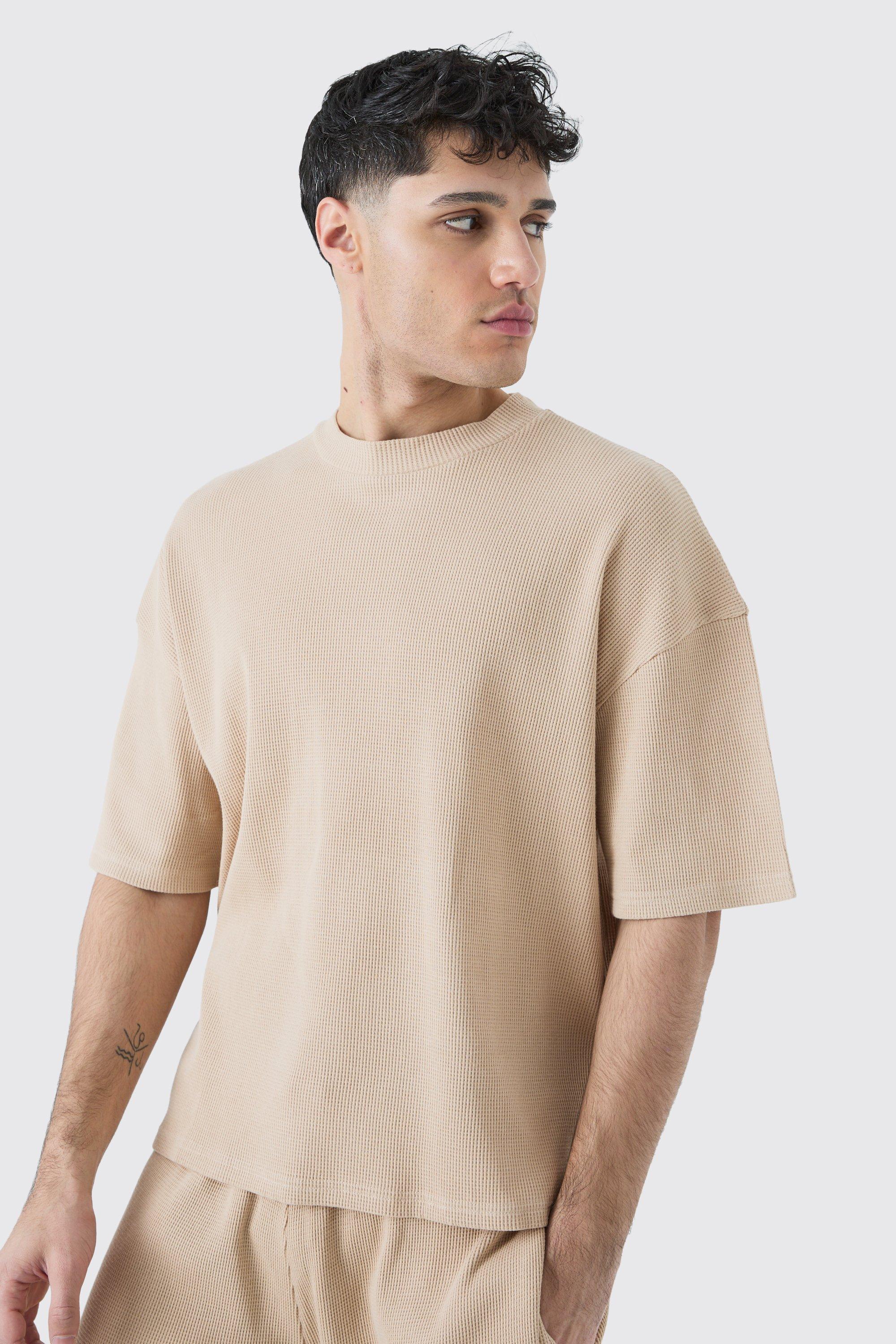 Image of T-shirt squadrata oversize con trama a nido d'ape, Beige