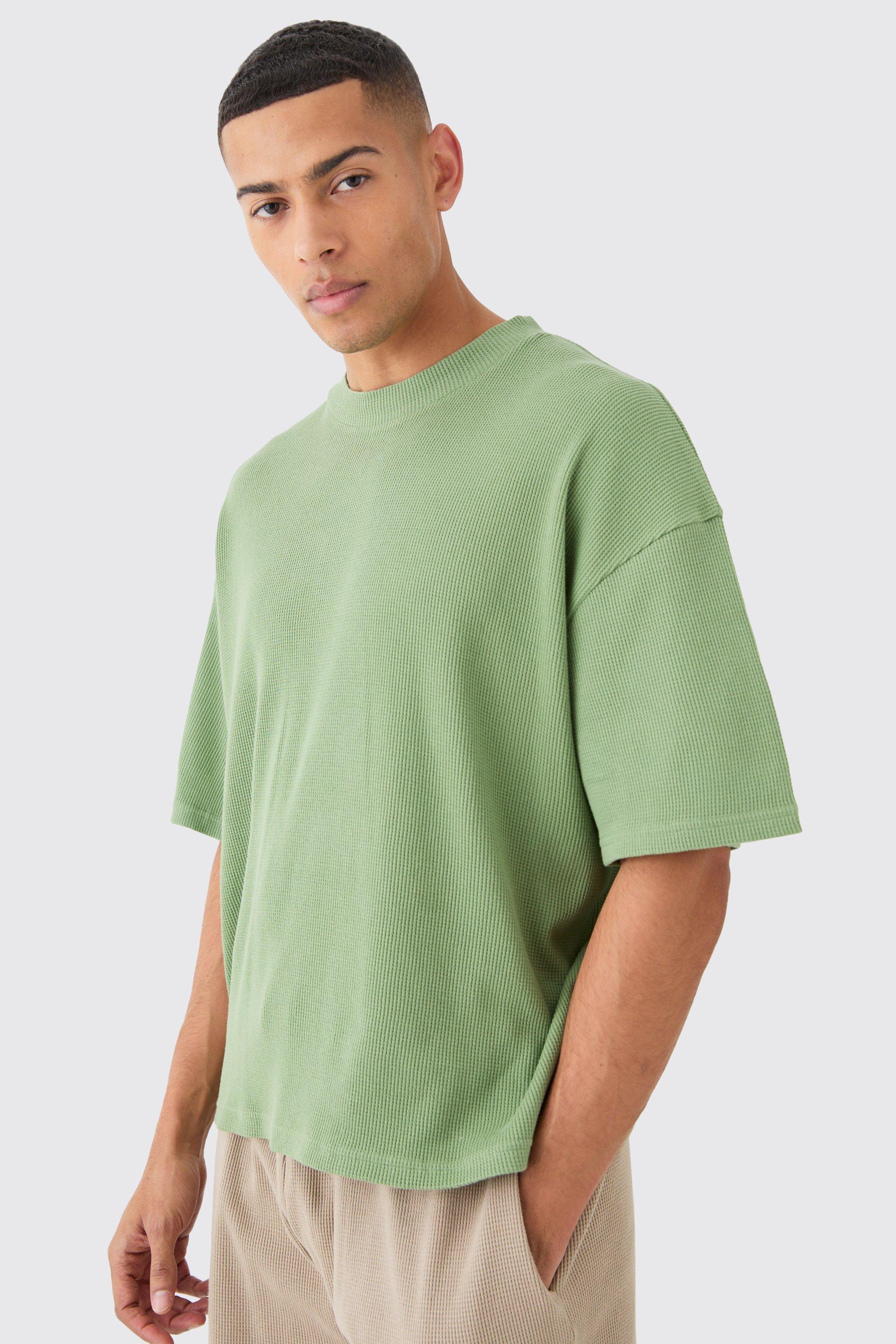 Image of T-shirt squadrata oversize con trama a nido d'ape, Verde