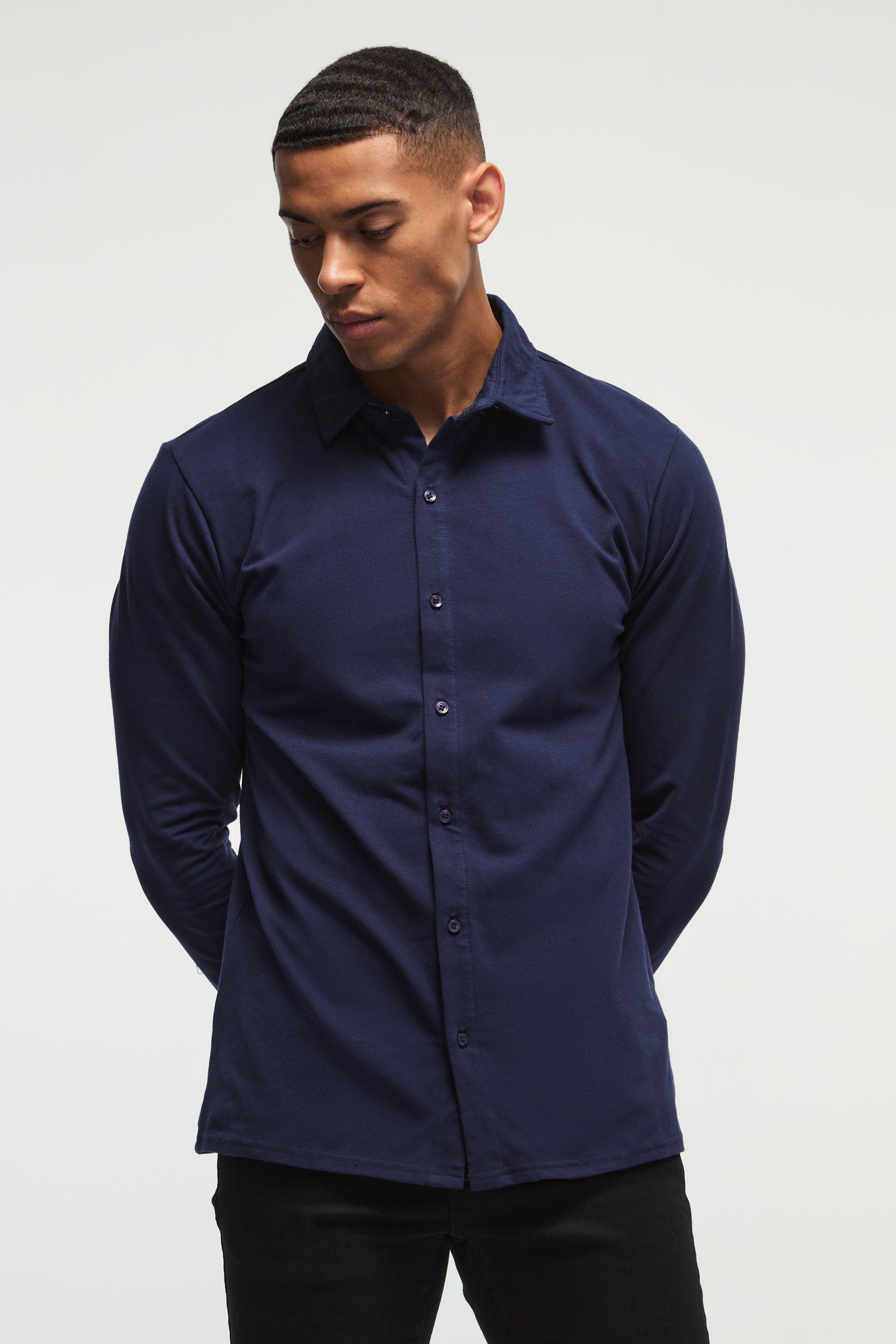 Mens Navy Long Sleeve Slim Fit Jersey Shirt, Navy